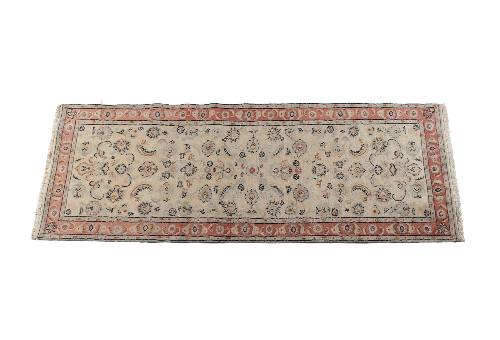NAIN LONG RUG: NAIN LONG RUG Persian, 20th century, silk highlights. Ivory field with foliate highlights, soft red border with guard borders. 9 ft. x 3 ft. 2 in.