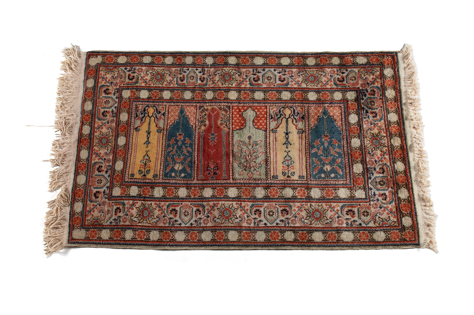 SAPH AREA RUG: SAPH AREA RUG Turkish, 20th century. Six colorful directional mosque panels create the field, with wide foliate primary border on ivory with floral medallion guard borders. 4 ft. 8 in. x 2 ft. 9 in.