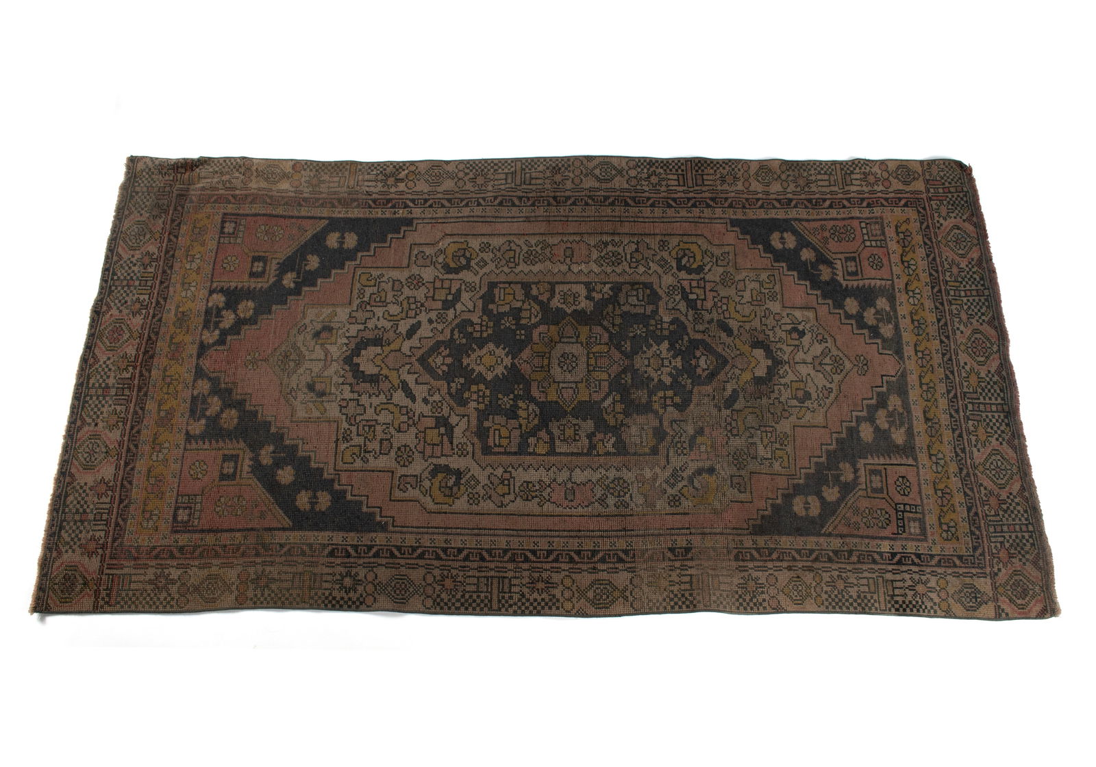 PERSIAN AREA RUG: PERSIAN AREA RUG Persian, mid-20th century. Navy on ivory on soft red foliate designs with navy end panels and red corners, multiple borders, even fading. 7 ft. 4 in. x 3 ft. 10 in.