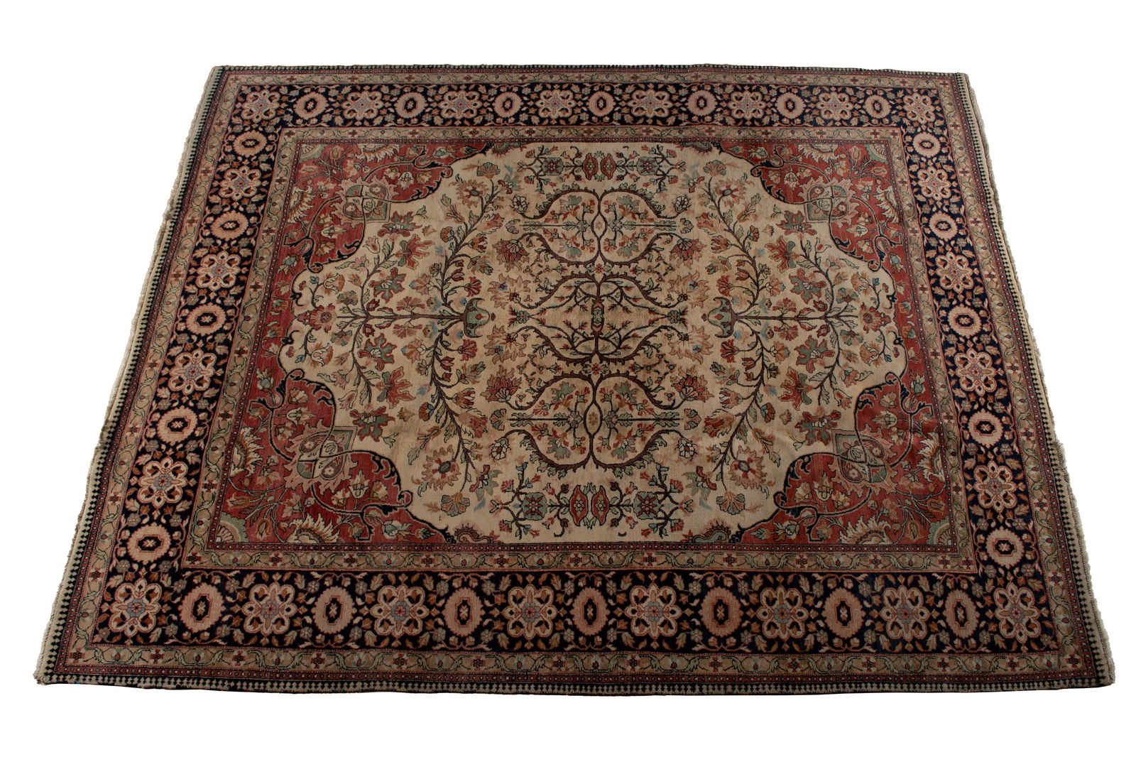 FARAHAN DESIGN HALL RUG: FARAHAN DESIGN HALL RUG Persian, 20th century. Beige field decorated with scrolling and foliate filled vines showing floral decorated red end panels, navy border with beige guard borders. 11 ft. 8