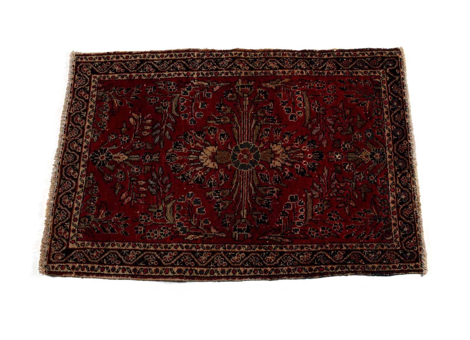 PERSIAN AREA RUG: PERSIAN AREA RUG Persian, mid-20th century. Central wide floral medallion surrounded by additional foliate highlights to the red field, navy border with guard borders. 4 ft. 1 in. x 2 ft. 7 in.