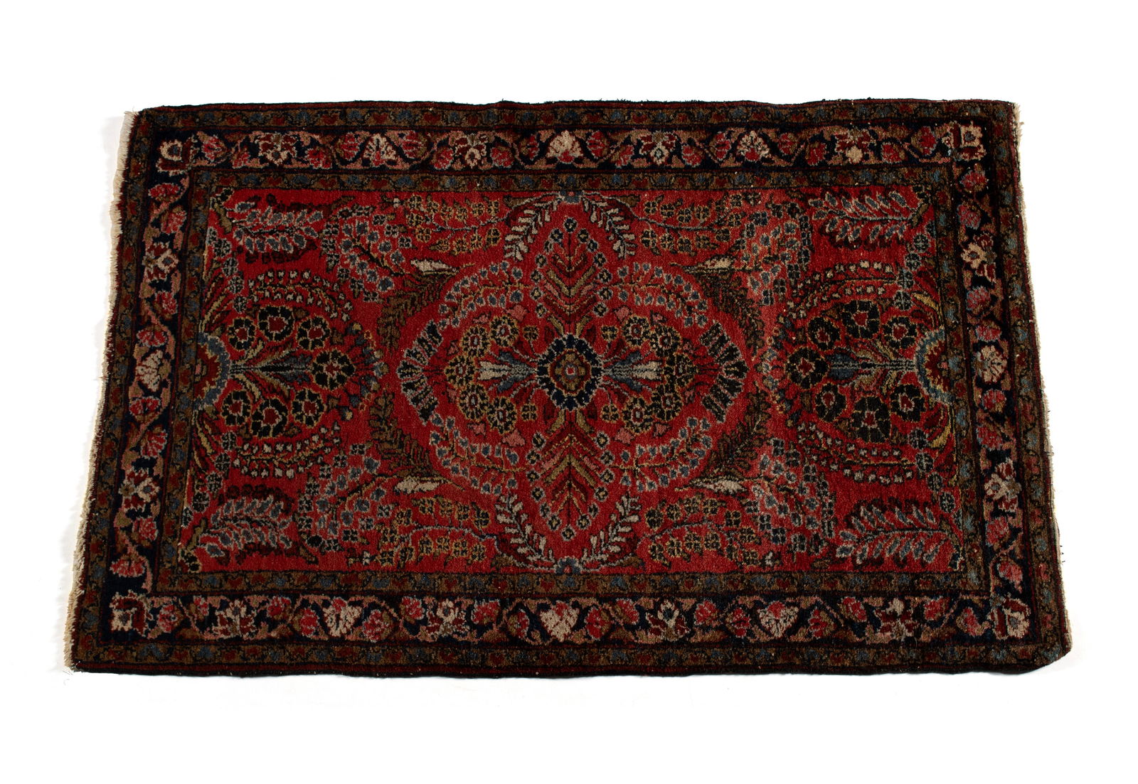 LILIHAN AREA RUG: LILIHAN AREA RUGPersian, 2nd quarter 20th century. Flowering bouquets of foliate vines decorated the red field, navy border with deep gold guard borders.4 ft. 2 in. x 2 ft. 8 in.