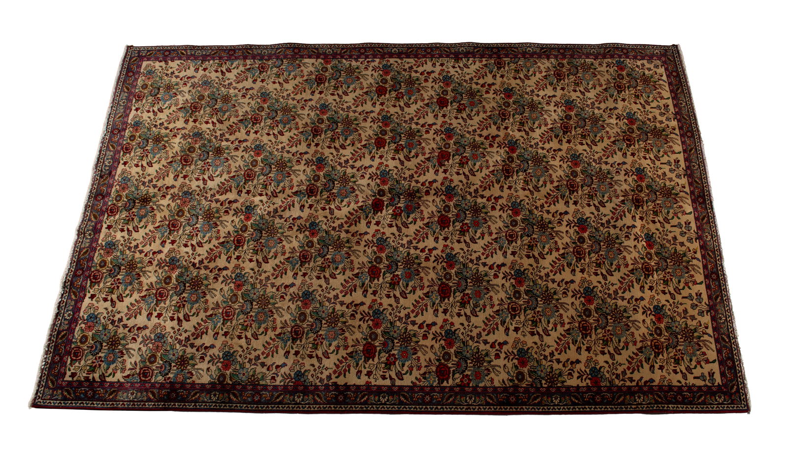 MAHAL ROOM RUG: MAHAL ROOM RUGPersian, 20th century. Repetitive designs of colorful floral bouquets cover the beige field, thin navy border with guard borders.10 ft. 8 in. x 7 ft. 5 in.