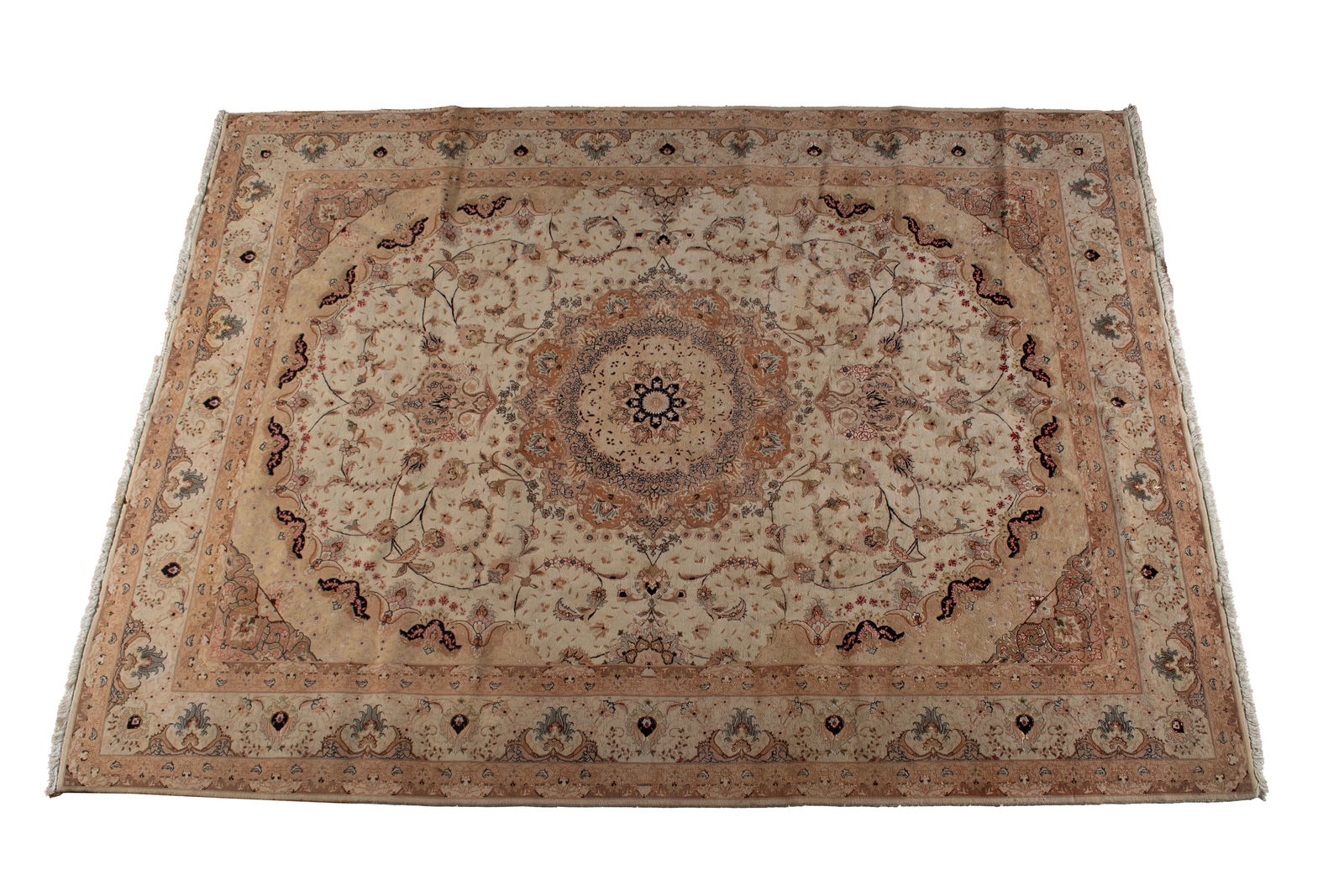 TABRIZ ROOM RUG: TABRIZ ROOM RUGPersian, 20th century. Beige, brown and ivory pole medallion centers the ivory field decorated with scrolling foliate vines and layered beige to brown corners, beige border with guard b