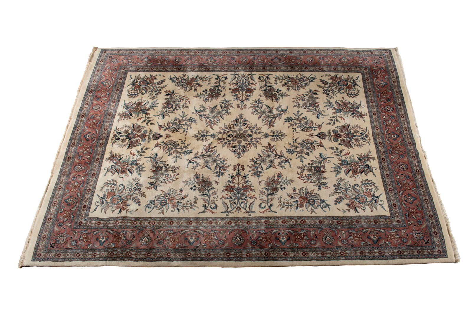 SAROUK ROOM RUG: SAROUK ROOM RUGPersian, 20th century. Foliate sprays decorate the ivory field, soft red border with multiple guard borders.12 ft. 4 in. x 8 ft. 9 in.
