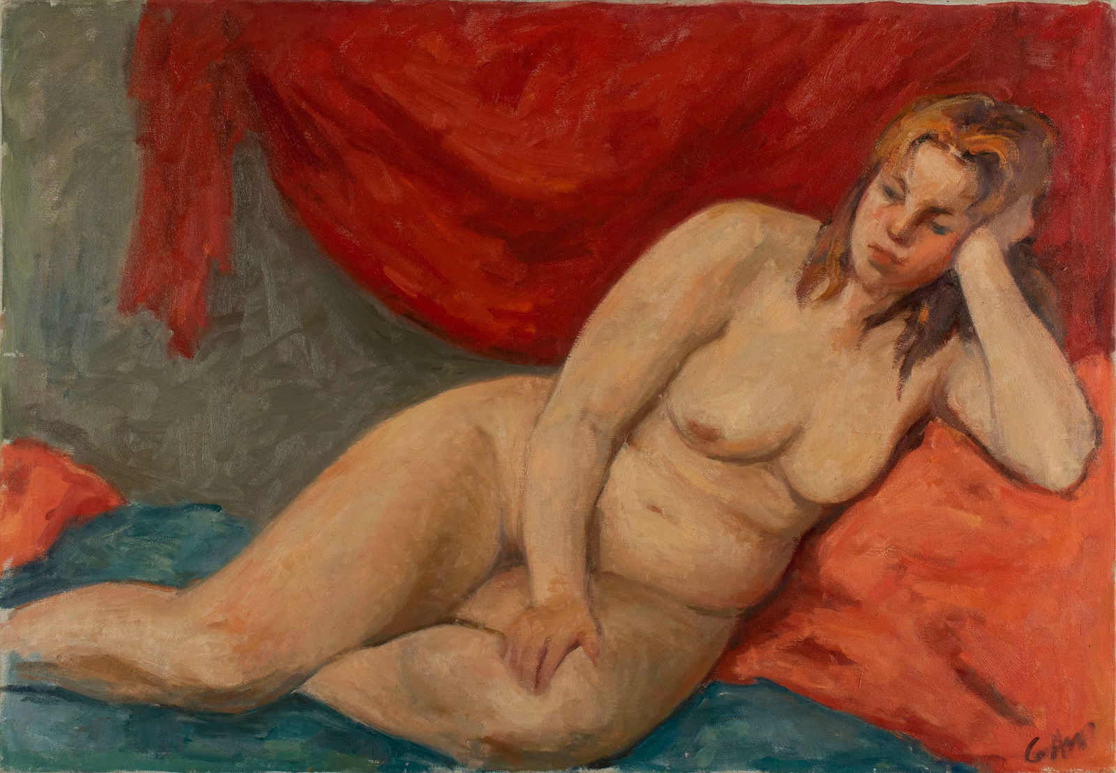 VIRGINIA 'TITO' GAY (AMERICAN, 1932-2024): Virginia 'Tito' GayAmerican, 1932-2024Reclined Modeloil on canvasSigned lower right. Reclining nude, unframed.Tito attended Washington University where she studied painting under Fred Conway, earning