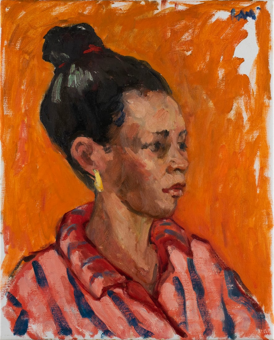 VIRGINIA 'TITO' GAY (AMERICAN, 1932-2024): Virginia 'Tito' GayAmerican, 1932-2024Miaoil on canvasSigned upper right. Portrait of a woman, unframed.Tito attended Washington University where she studied painting under Fred Conway, earning her a