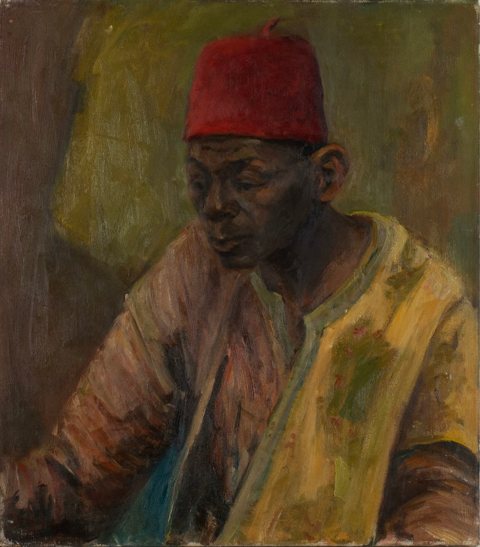 VIRGINIA 'TITO' GAY (AMERICAN, 1932-2024): Virginia 'Tito' GayAmerican, 1932-2024Red Fezoil on canvasSigned lower left. Portrait of a black man in a fez, unframed.Tito attended Washington University where she studied painting under Fred Conway