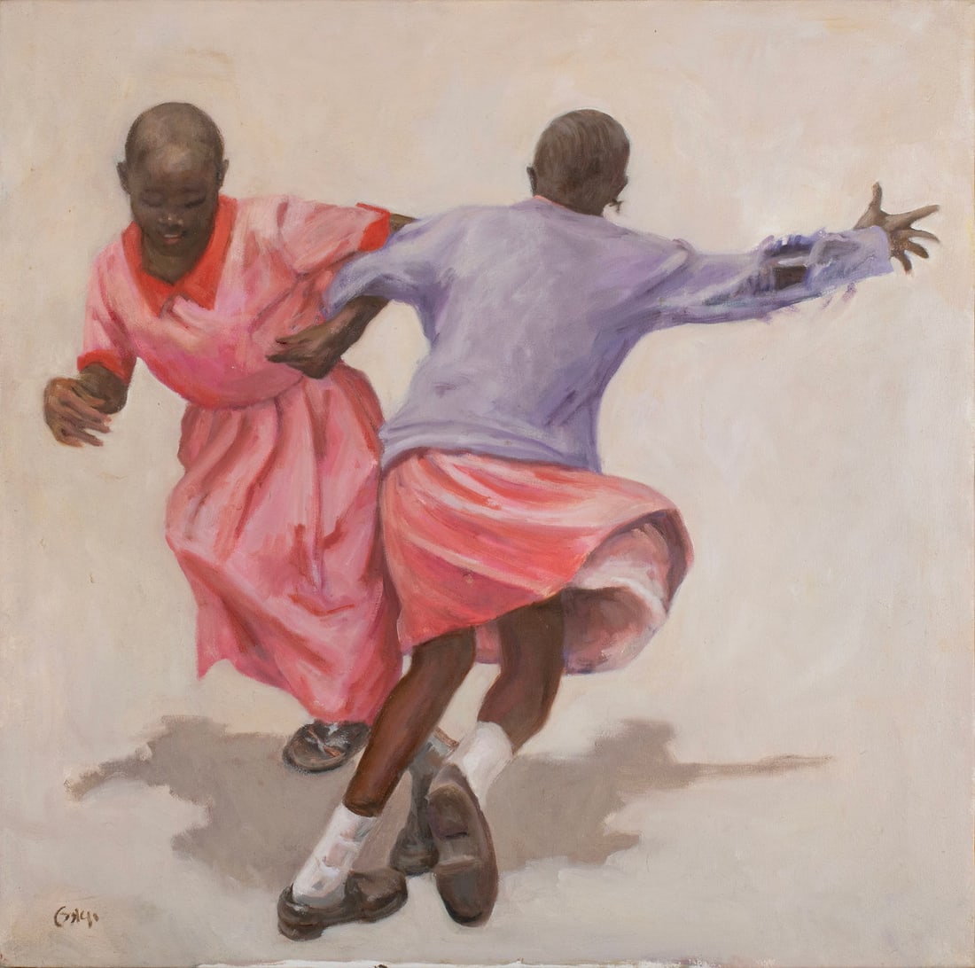 VIRGINIA 'TITO' GAY (AMERICAN, 1932-2024): Virginia 'Tito' GayAmerican, 1932-2024Joyful Girlsoil on canvasSigned lower left. Two dancing girls, unframed.Tito attended Washington University where she studied painting under Fred Conway, earning