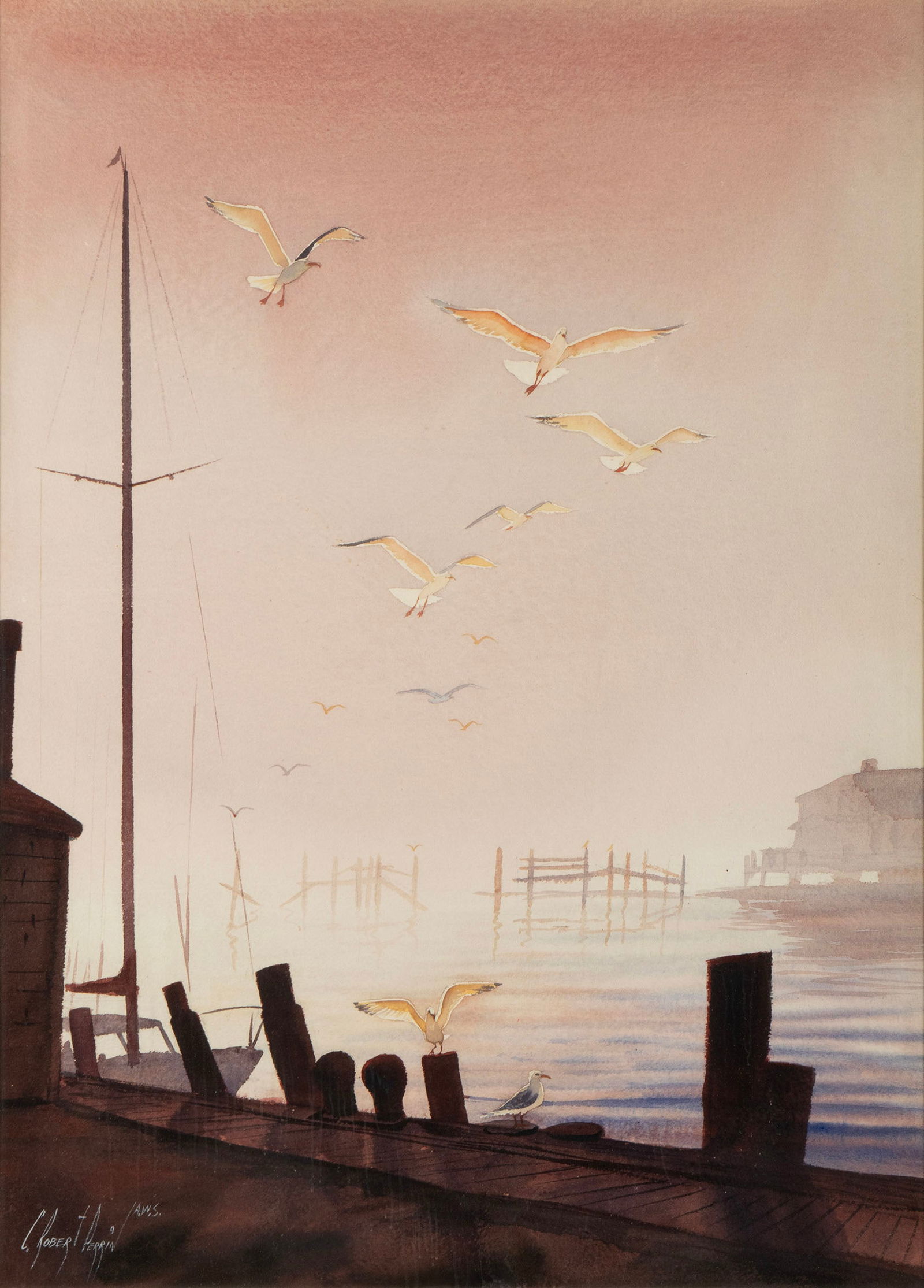 CHARLES ROBERT PERRIN (AMERICAN, 1915-1999): Charles Robert PerrinAmerican, 1915-1999WatercolorSigned lower left. Early morning pier scene with seagulls, matted and framed.Sight: 29 x 21 in. (73.7 x 53.3 cm.), Frame: 36 1/4 x 28 1/4 in. (92.1 x