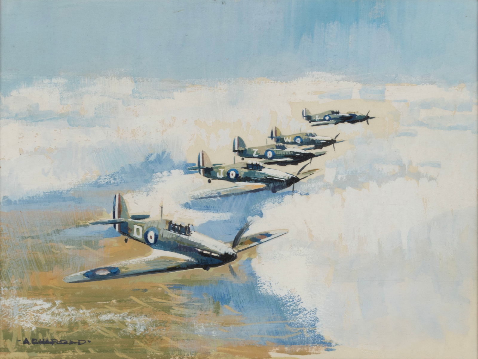 GOUACHE OF SPITFIRE AIRCRAFT: GOUACHE OF SPITFIRE AIRCRAFTSigned A. C. Harold. Five spitfires lined up in a partly cloudy sky with land and water in view below, framed.6 x 7 3/4 in. (15.2 x 19.7 cm.), Frame: 10 1/2 x 12 1/2 in. (2