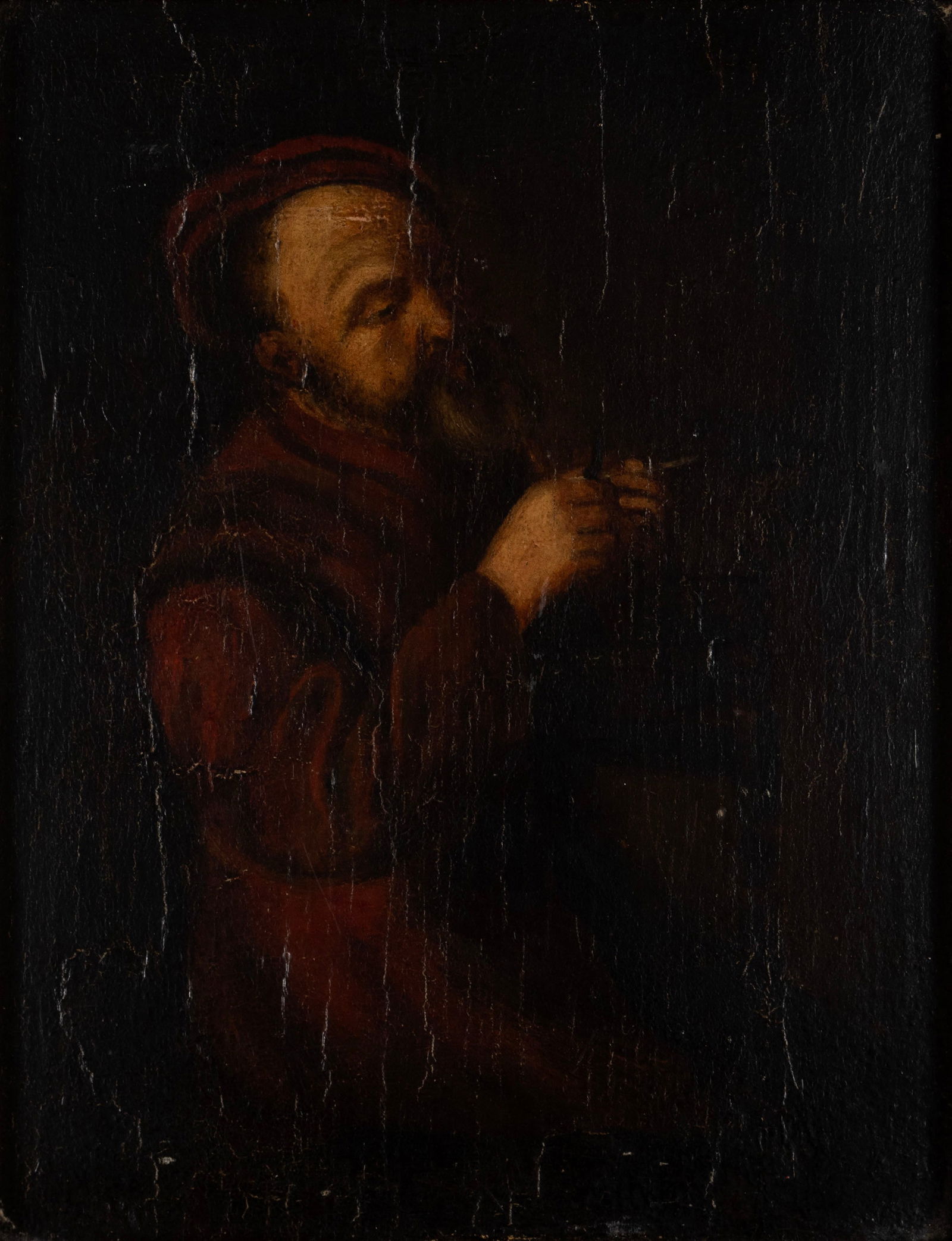 PORTRAIT OF A BEARDED MAN: PORTRAIT OF A BEARDED MANContinental, 18th/19th century, oil on wood panel, unsigned. Seated figure wearing a red robe, smoking a pipe, gilt frame.Sight: 8 x 6 1/4 in. (20.3 x 15.9 cm.), Frame: 9 x 7
