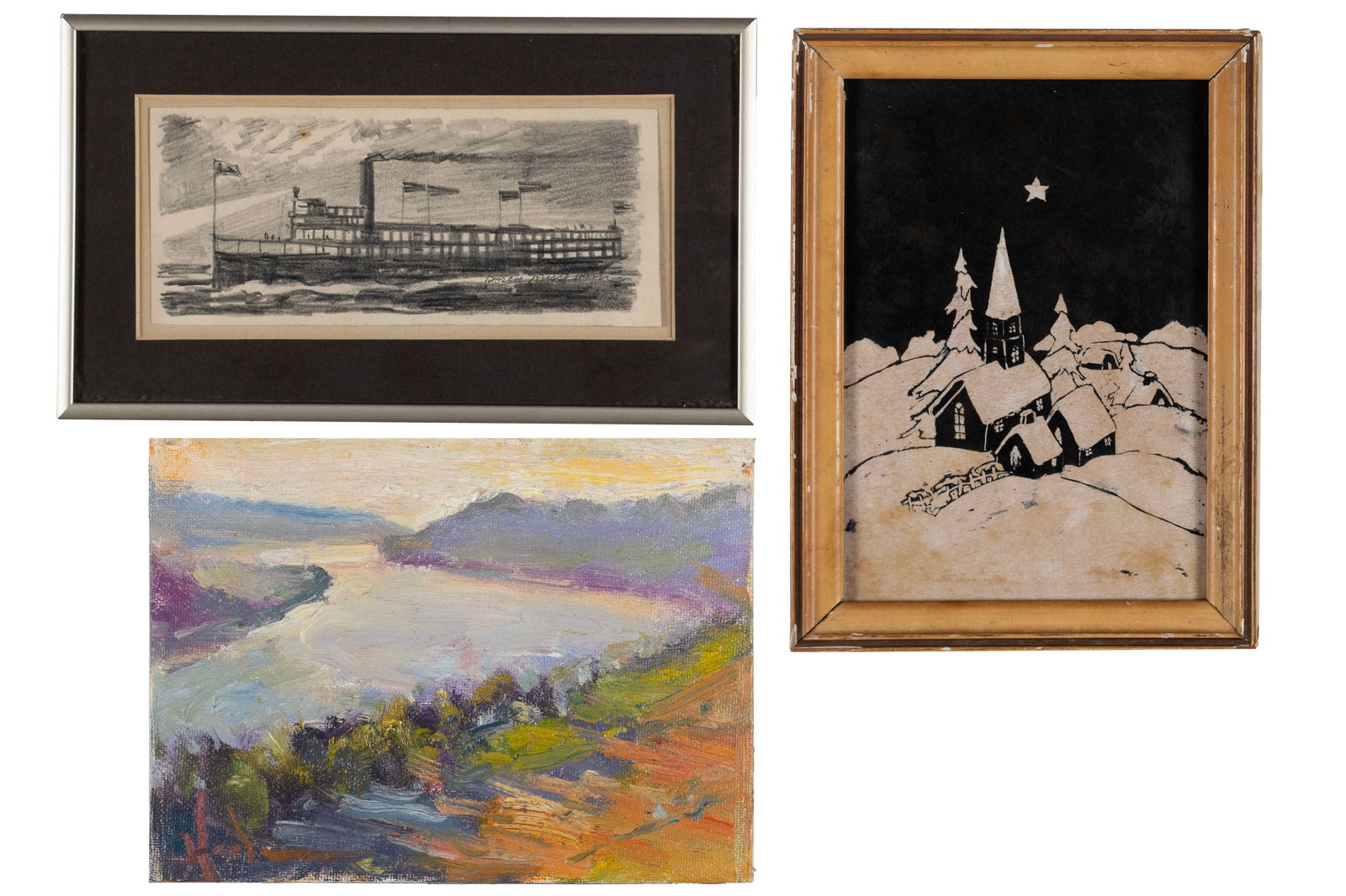 THREE ORIGINAL WORKS OF ART: THREE ORIGINAL WORKS OF ARTThe first a pencil drawing by Roscoe Misselhorn of a ship on the water, signed and framed. A colorful river valley landscape of "Hanover Overlook", signed illegibly to verso