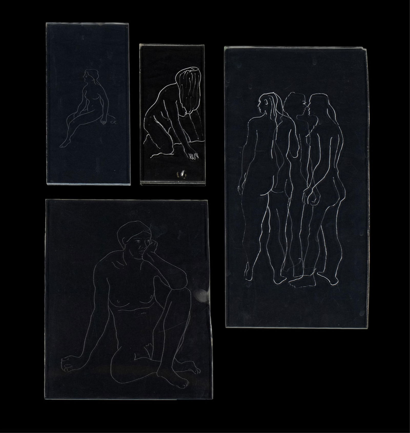 CAROLE ROBERTS (AMERICAN, B. 1940): Carole RobertsAmerican, b. 1940LuciteFour (4) figural etchings on Lucite.Carole S. Roberts is an abstract expressionist artist and jeweler. She has a Bachelor of Fine Arts degree from The Ohio State U