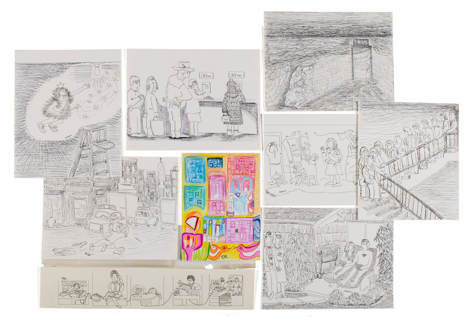 CAROLE ROBERTS (AMERICAN, B. 1940): Carole RobertsAmerican, b. 1940Mixed mediaNine (9) works by the artist including eight (8) original editorial drawings for the "Village Times" in Setauket, New York on Long Island, circa 1978-79, as C