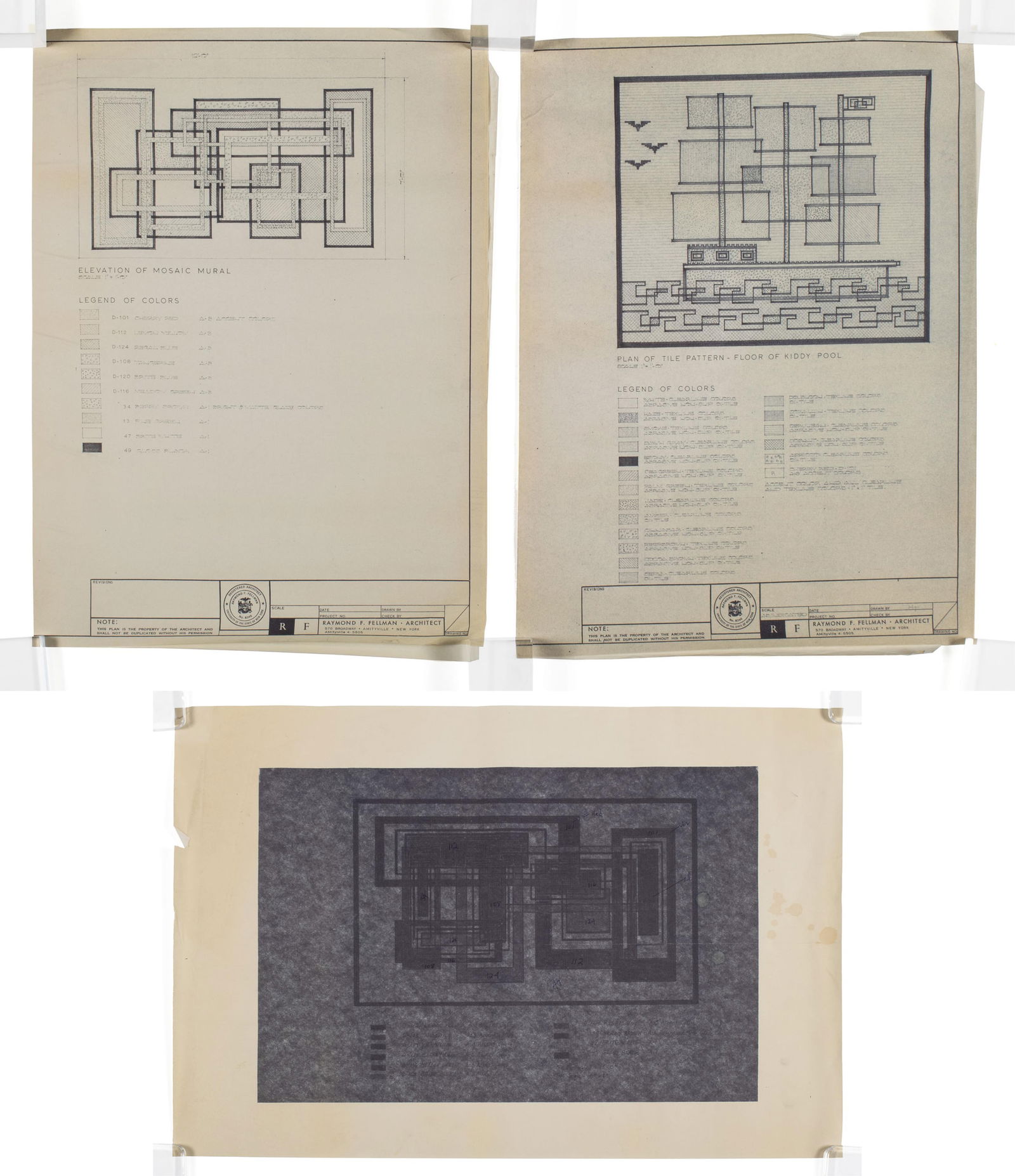 CAROLE ROBERTS (AMERICAN, B. 1940) PUBLIC POOL DESIGN BLUEPRINTS: CAROLE ROBERTS (AMERICAN, B. 1940) PUBLIC POOL DESIGN BLUEPRINTSCirca 1960s. Three (3) sheets of blueprints for the public swimming pool in Babylon, New York, showing the pool decorations done in tile