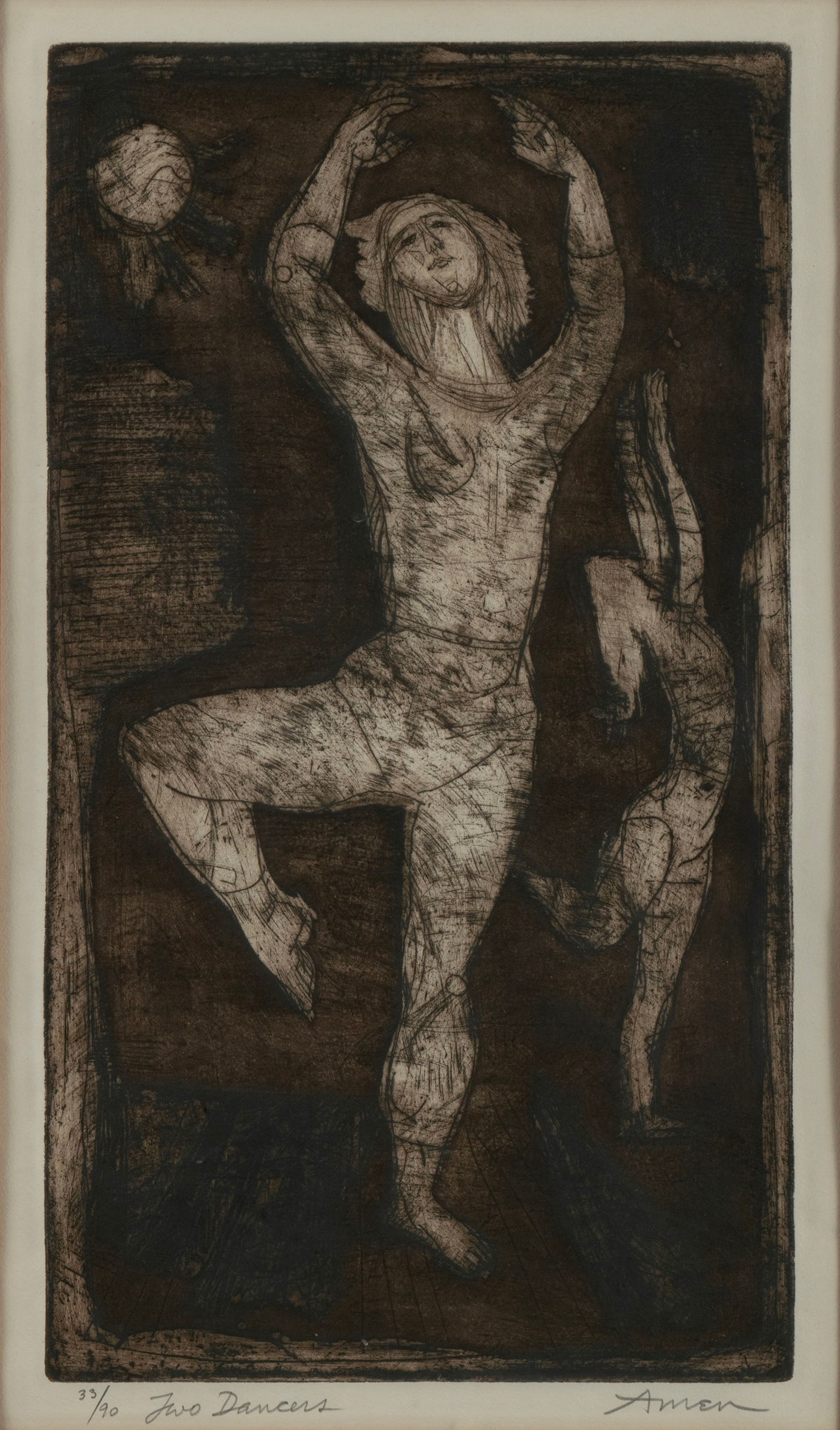 IRVING AMEN (AMERICAN, 1918-2011): Irving AmenAmerican, 1918-2011Two DancersEtchingSigned, titled and numbered 33/90 in pencil to lower margin. Showing two dancers, decorated in neutral colors, matted and framed.Image: 17 1/2 x 9 3/4