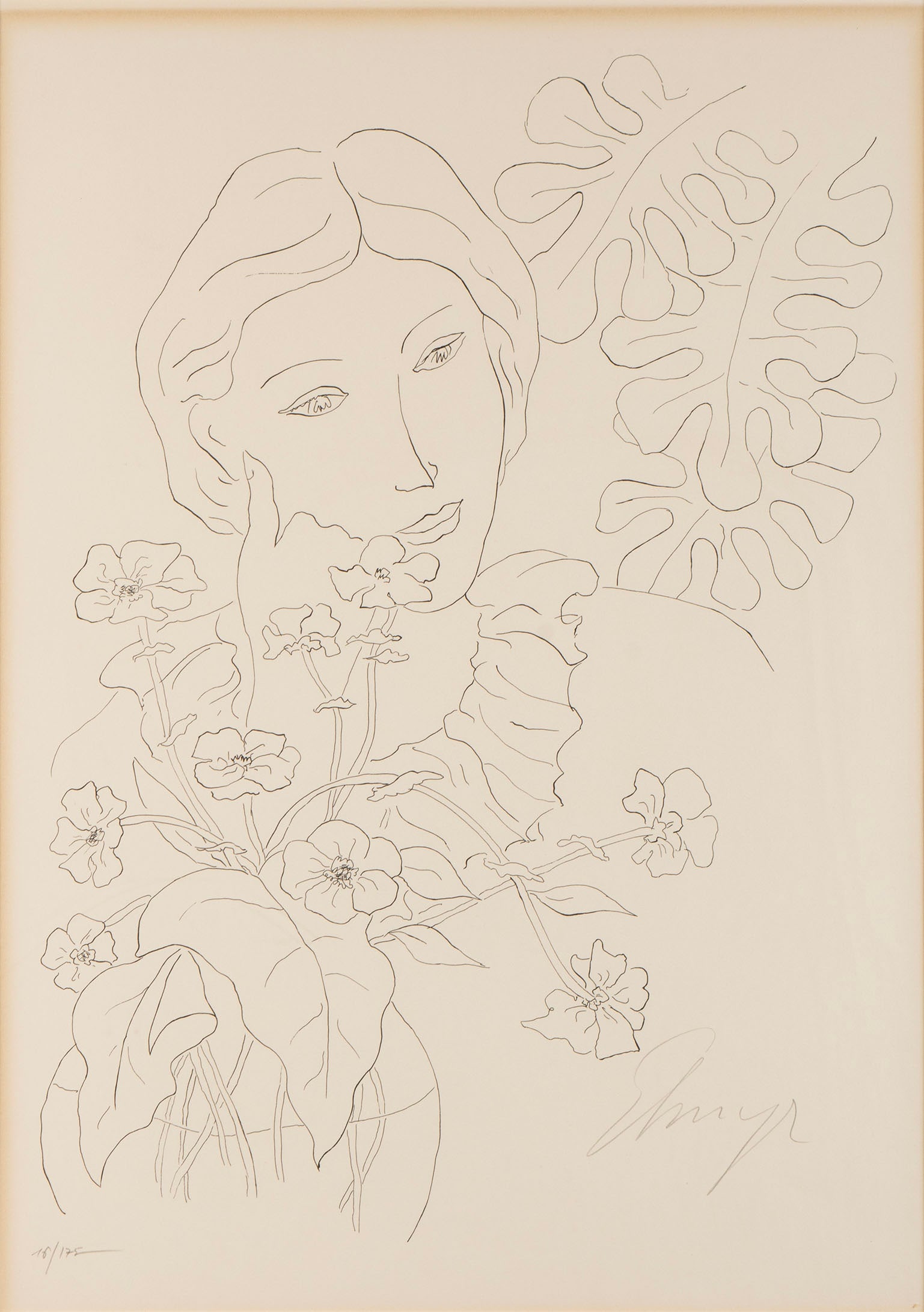 ELMYR DE HORY (HUNGARIAN, 1906-1976): Elmyr de Hory Hungarian, 1906-1976 Lithograph Signed lower right and numbered 16/175 lower left. Face of a woman among flowers, matted and framed. 27.60 x 19.80 in. (70.1 x 50.3 cm.), Frame: 35 1/4 x