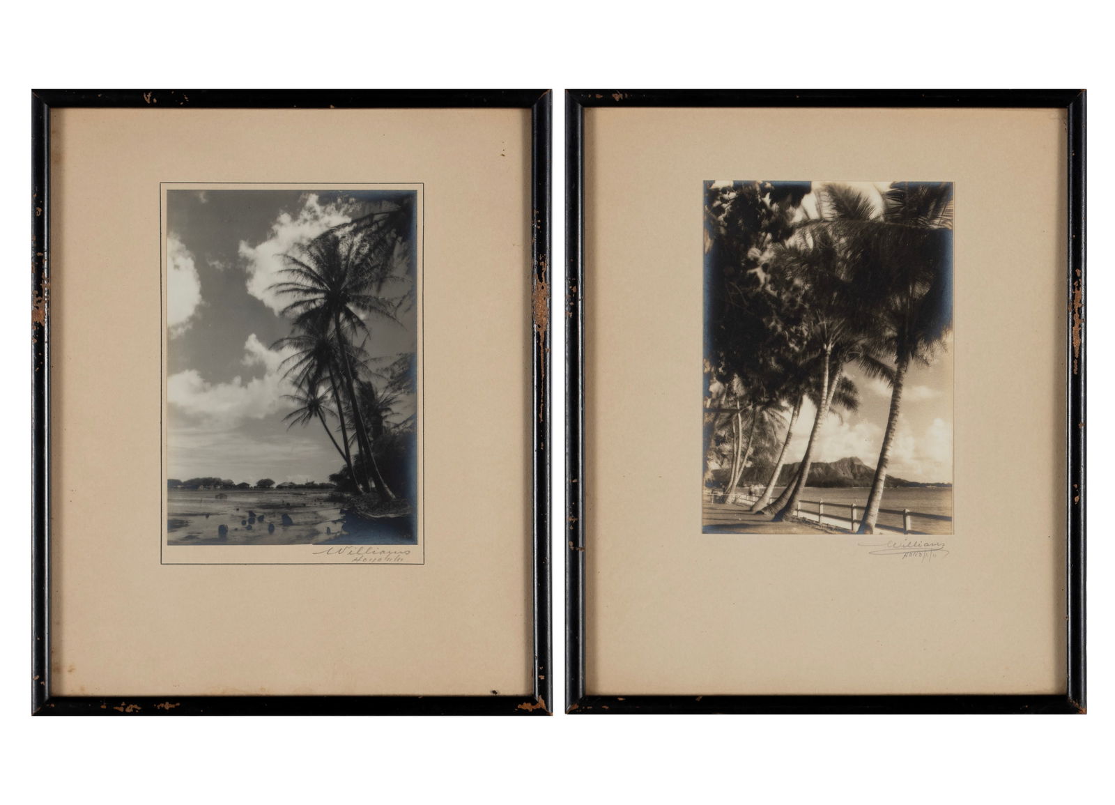 JAMES J. WILLIAMS (HAWAIIAN, 1853-1926): James J. Williams Hawaiian, 1853-1926 Photographs Both signed in pencil with "Honolulu". Both beach scenes with palm trees, matted and framed. Sight: 6 1/2 x 4 1/2 in. (16.5 x 11.4 cm.), Frame: 11