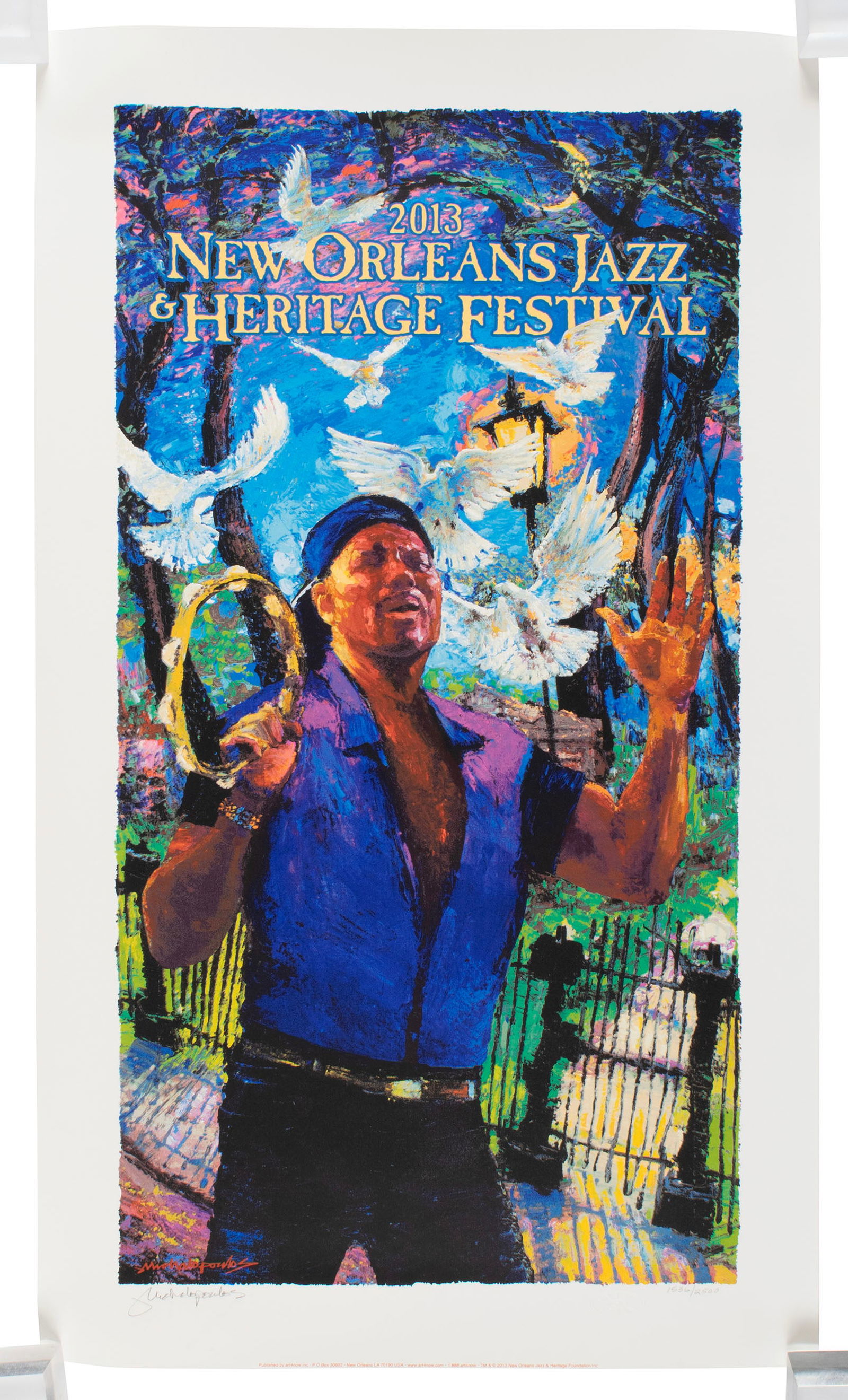 JAZZFEST 2013 JAMES MICHALOPOULOS LITHOGRAPH: JAZZFEST 2013 JAMES MICHALOPOULOS LITHOGRAPH Color lithograph, signed and numbered in pencil 1536/2500. Depicting Aaron Neville, unframed. Sheet: 37 x 21 in. (94 x 53.3 cm.)