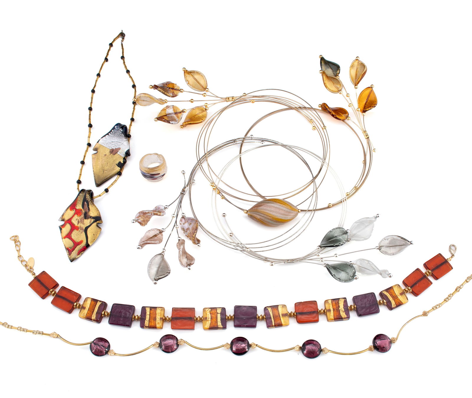 VENETIAN MURANO GLASS COSTUME JEWELRY: VENETIAN MURANO GLASS COSTUME JEWELRYTen (10) pieces total, including nine (9) necklaces and one (1) ring. Five (5) wirework choker style necklaces with gold fleck glass beads in foliate design. Two (