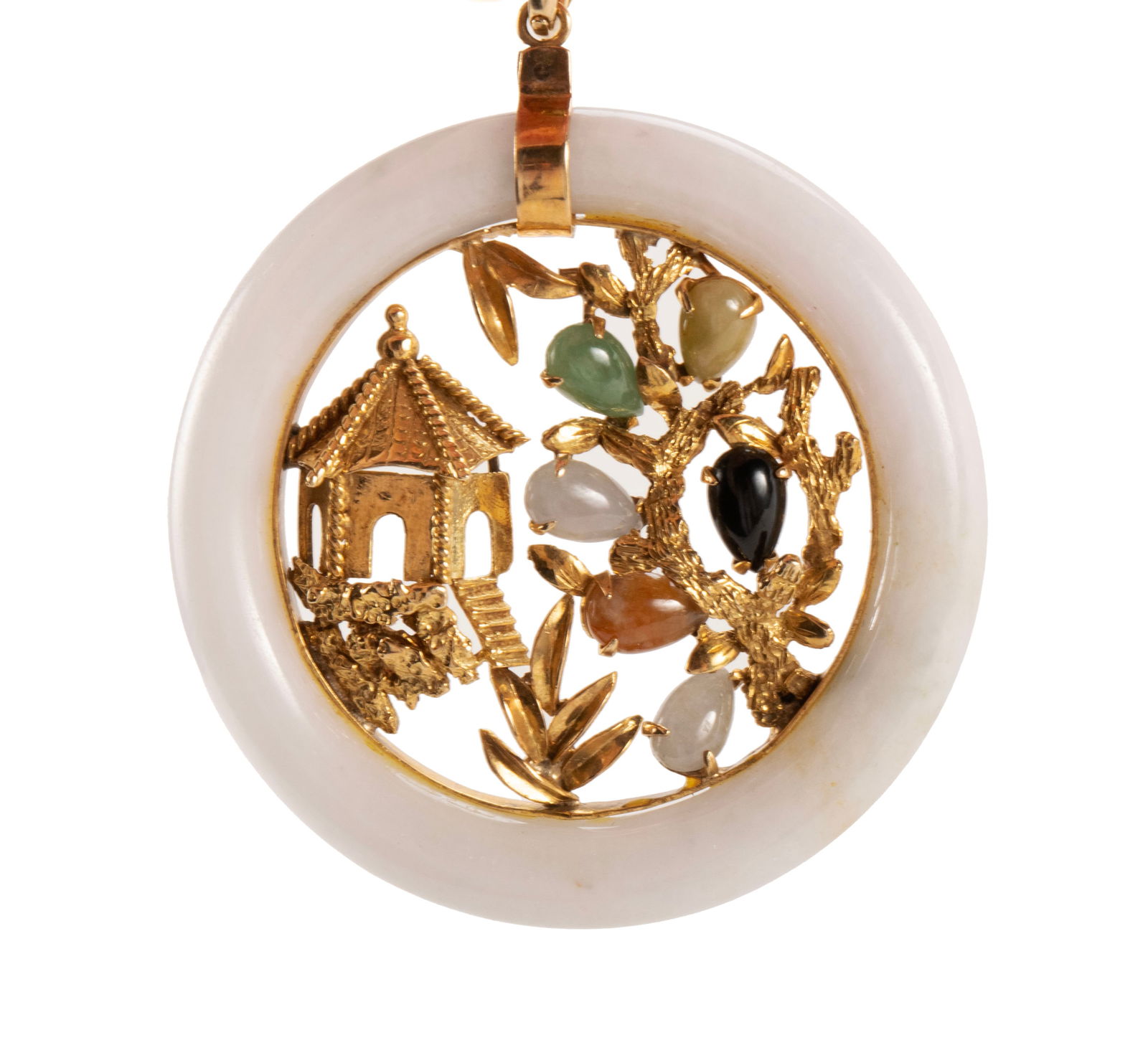 JADEITE AND YELLOW GOLD PENDANT: JADEITE AND YELLOW GOLD PENDANT Marked 14K with maker's mark. Asian design with a pagoda among foliage decorated with assorted semi-precious stones. 2 in. (5.1 cm.)