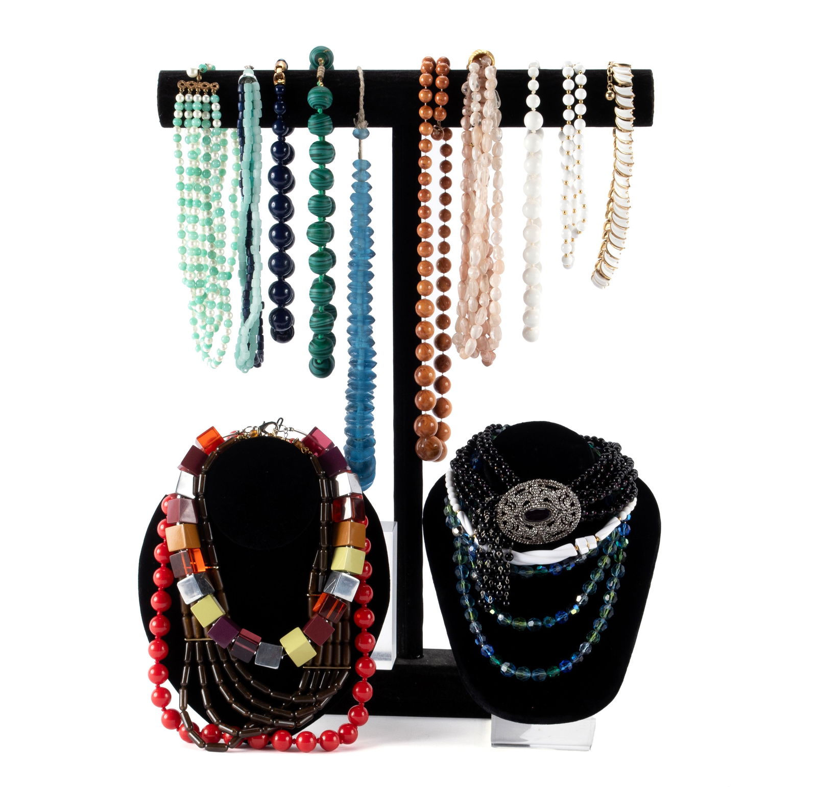 COLLECTION OF VINTAGE COSTUME JEWELRY: COLLECTION OF VINTAGE COSTUME JEWELRYSixteen (16) necklaces, several of glass beads, some vintage mid-century plastic beads, makers including Monet, Trifari, and Sander Co.