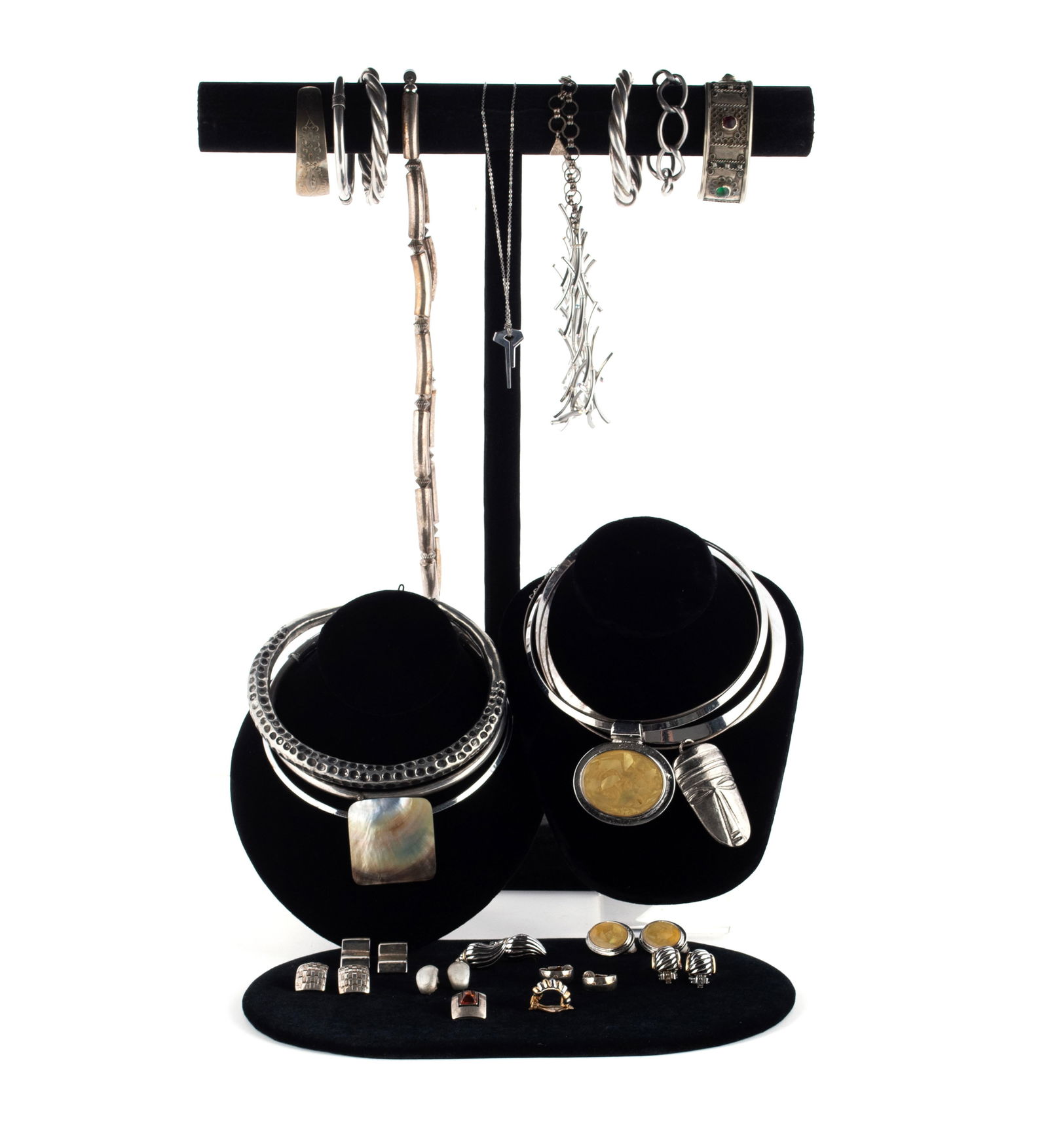 COLLECTION OF SILVER JEWELRY: COLLECTION OF SILVER JEWELRYTwenty-five (25) total, mostly unmarked, some marked sterling including a silver Polish sterling choker; several collar style necklaces, a costume necklace by Bulatti, two