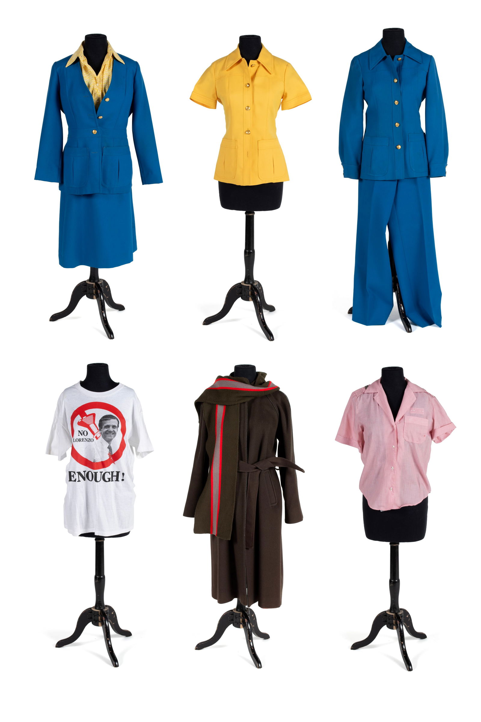 COLLECTION OF EASTERN AIRLINES STEWARDESS UNIFORMS AND MORE: COLLECTION OF EASTERN AIRLINES STEWARDESS UNIFORMS AND MOREFifteen (15) pieces total including a blue button up jacket (regular size 6), yellow button up shirt (regular size 6), and blue skirt (petite