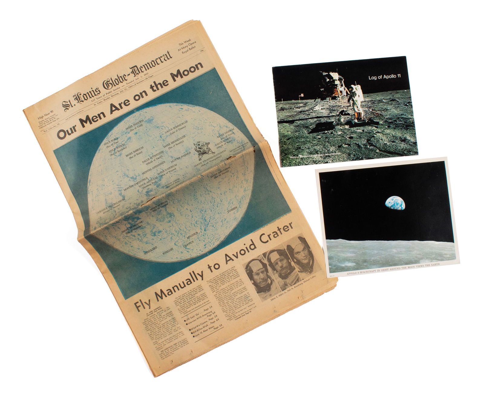 APOLLO EPHEMERA: APOLLO EPHEMERAIncluding a copy of the St Louis Globe-Democrat from July 21, 1969, a copy of a photo of Earth taken from Apollo 8, and a log of the Apollo 11 mission, both published by NASA.Newspaper: