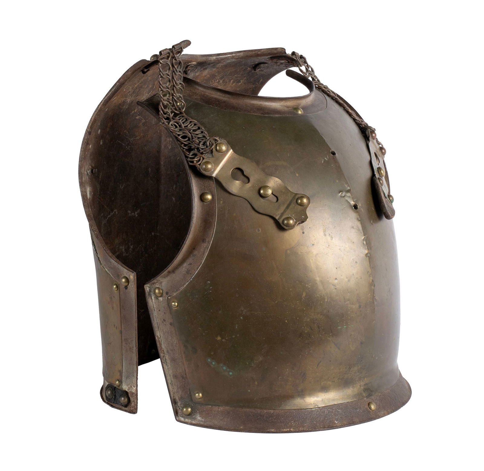 FRENCH NAPOLEONIC CUIRASSIER ARMOR: FRENCH NAPOLEONIC CUIRASSIER ARMOR French, 19th century. The back plate with strap and chains to come over the shoulders to attach to the brass fronted chest plate. 17 1/4 x 15 in. (43.8 x 38.1 cm.)