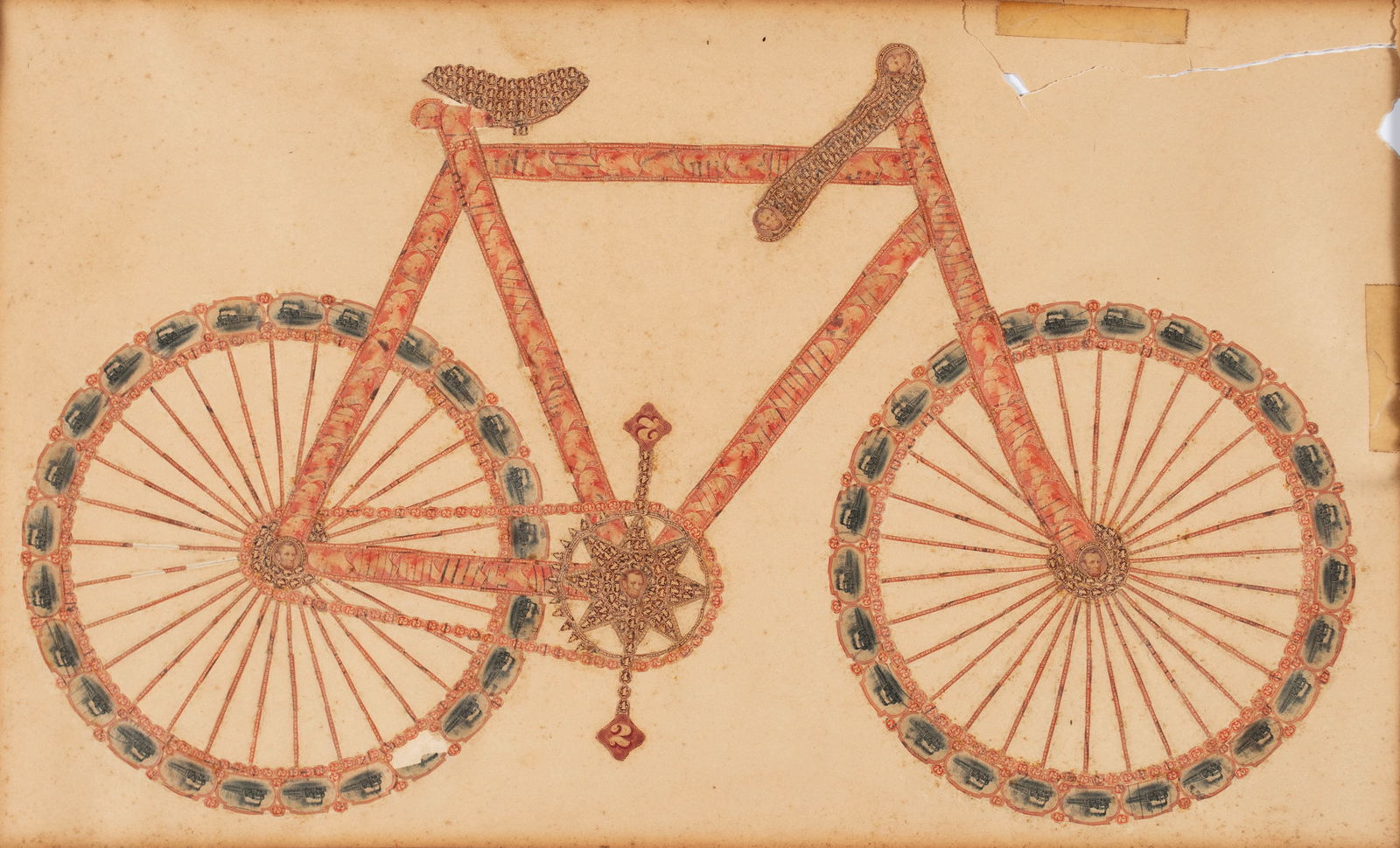 UNITED STATES POSTAGE STAMP BICYCLE COLLAGE IMAGE: UNITED STATES POSTAGE STAMP BICYCLE COLLAGE IMAGE American, circa 1900. Created with an assortment of U.S. postage stamp remnants with images of 2 cents and 4 cents with George Washington, Abraham