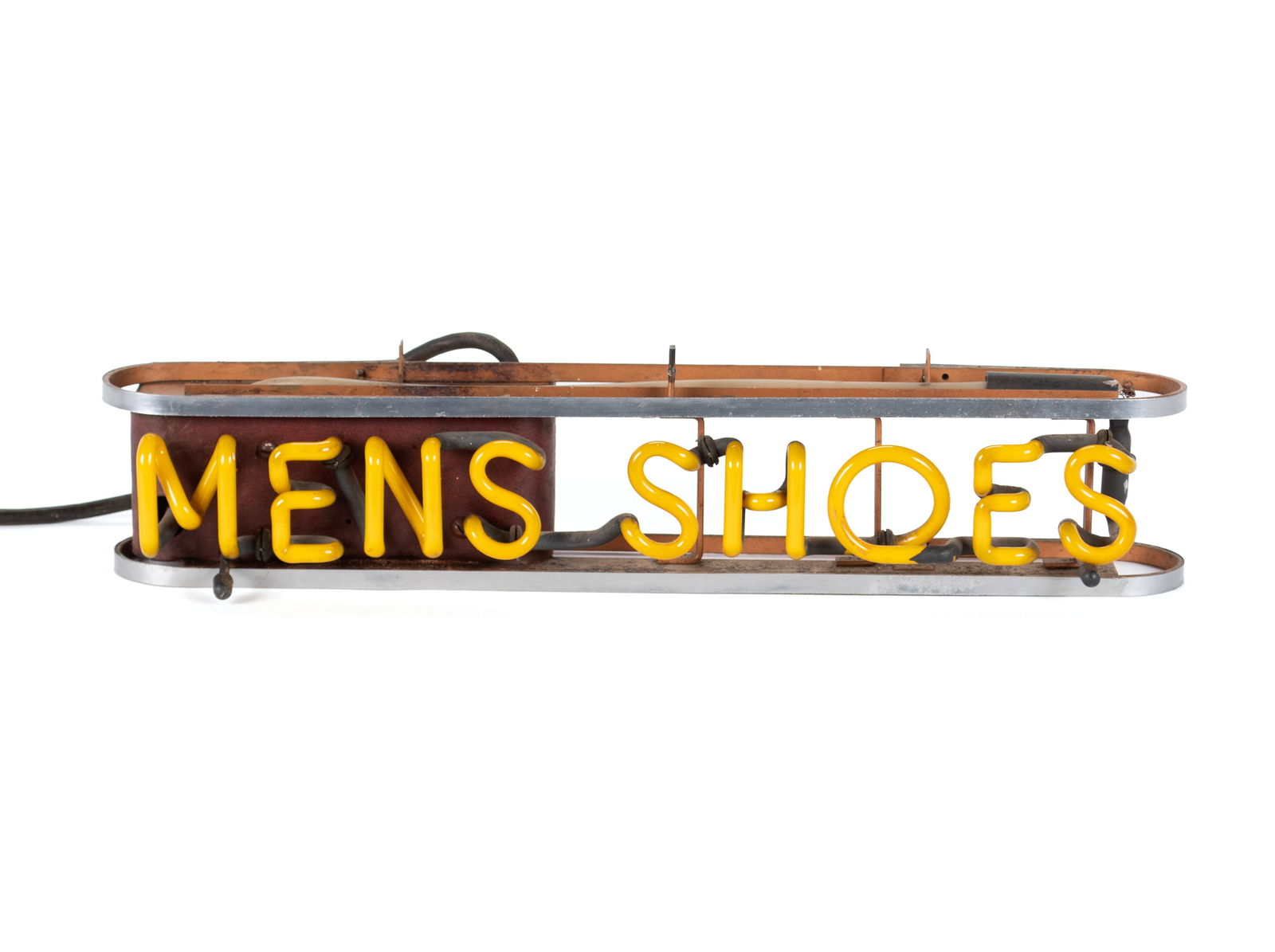 MENS SHOES ART DECO STYLE NEON SIGN: MENS SHOES ART DECO STYLE NEON SIGN American, mid-20th century. Neon yellow/orange in color. 4 1/2 x 20 1/2 x 6 in. (11.4 x 52.1 x 15.2 cm.)