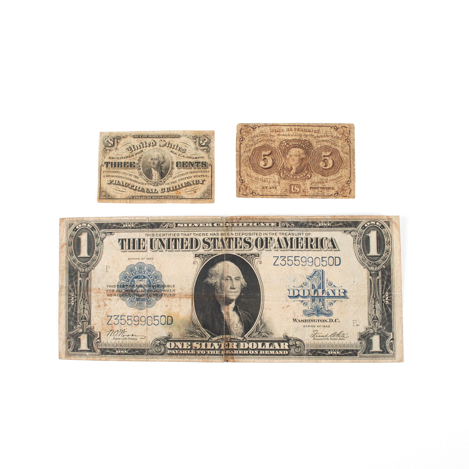 THREE PIECES OF U.S. CURRENCY: THREE PIECES OF U.S. CURRENCYIncludes a Three Cent George Washington Third issue fractional currency; a Five Cent Thomas Jefferson First issue fractional currency, 1862; and a large size One Dollar Si