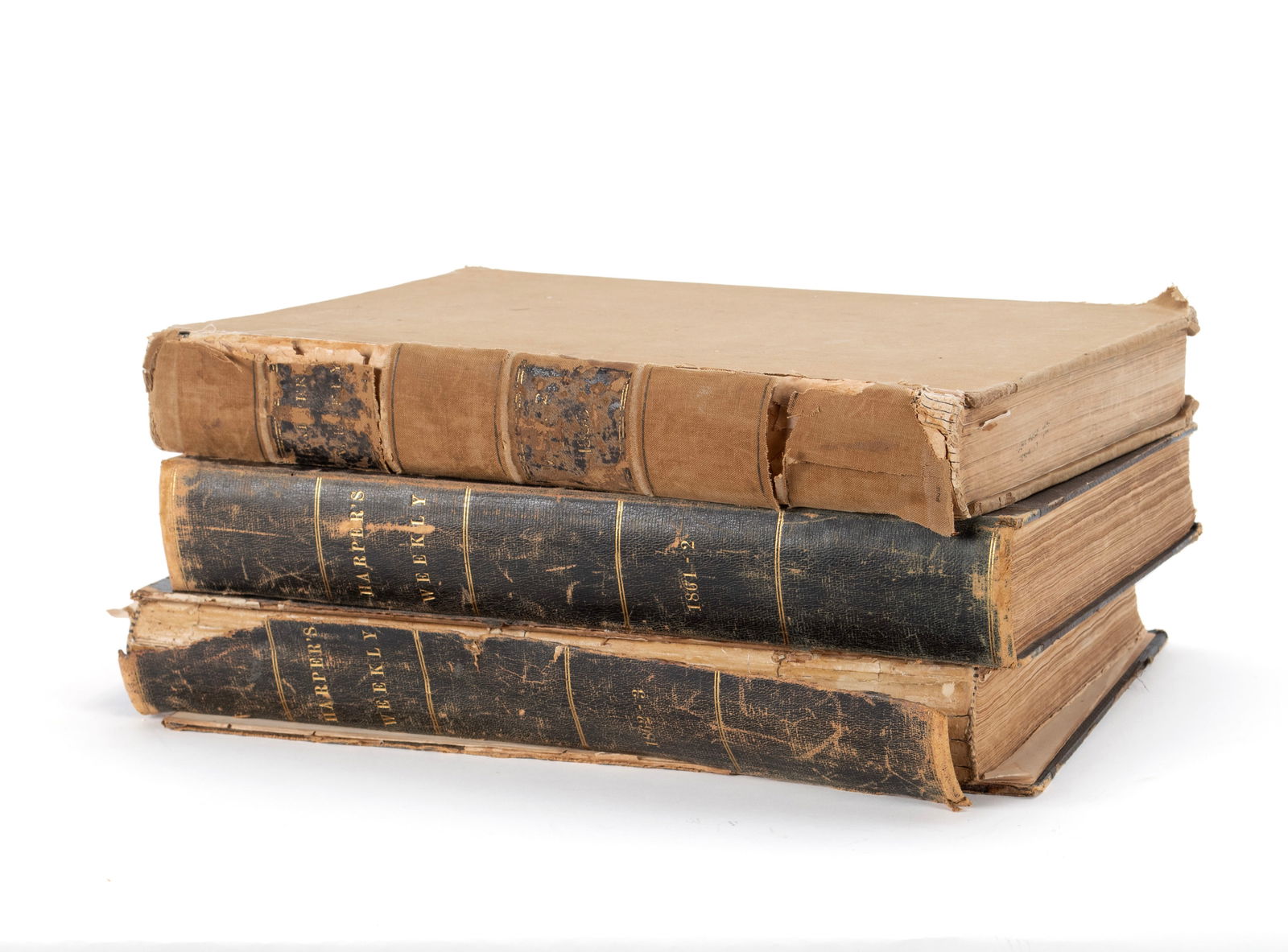 THREE BOUND "HARPER'S WEEKLY, A JOURNAL OF CIVILIZATION" YEARBOOKS WITH CIVIL WAR YEARS: THREE BOUND "HARPER'S WEEKLY, A JOURNAL OF CIVILIZATION" YEARBOOKS WITH CIVIL WAR YEARSThe first is the full year of 1858 from Saturday January 2 to Saturday December 25, 1858. The next is from Saturd