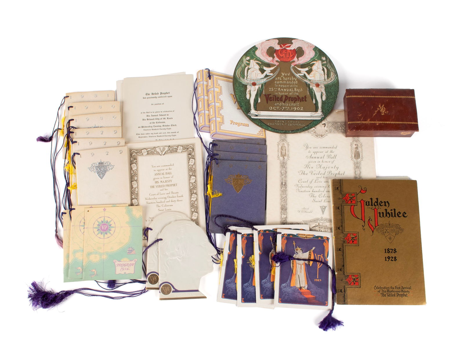 COLLECTION OF VEILED PROPHET EPHEMERA: COLLECTION OF VEILED PROPHET EPHEMERA Early 20th century. Thirty-four (34) pieces total including programs, invitations, a Golden Jubilee booklet, and a leather-covered box. Largest: 8 1/2 x 10 1/2