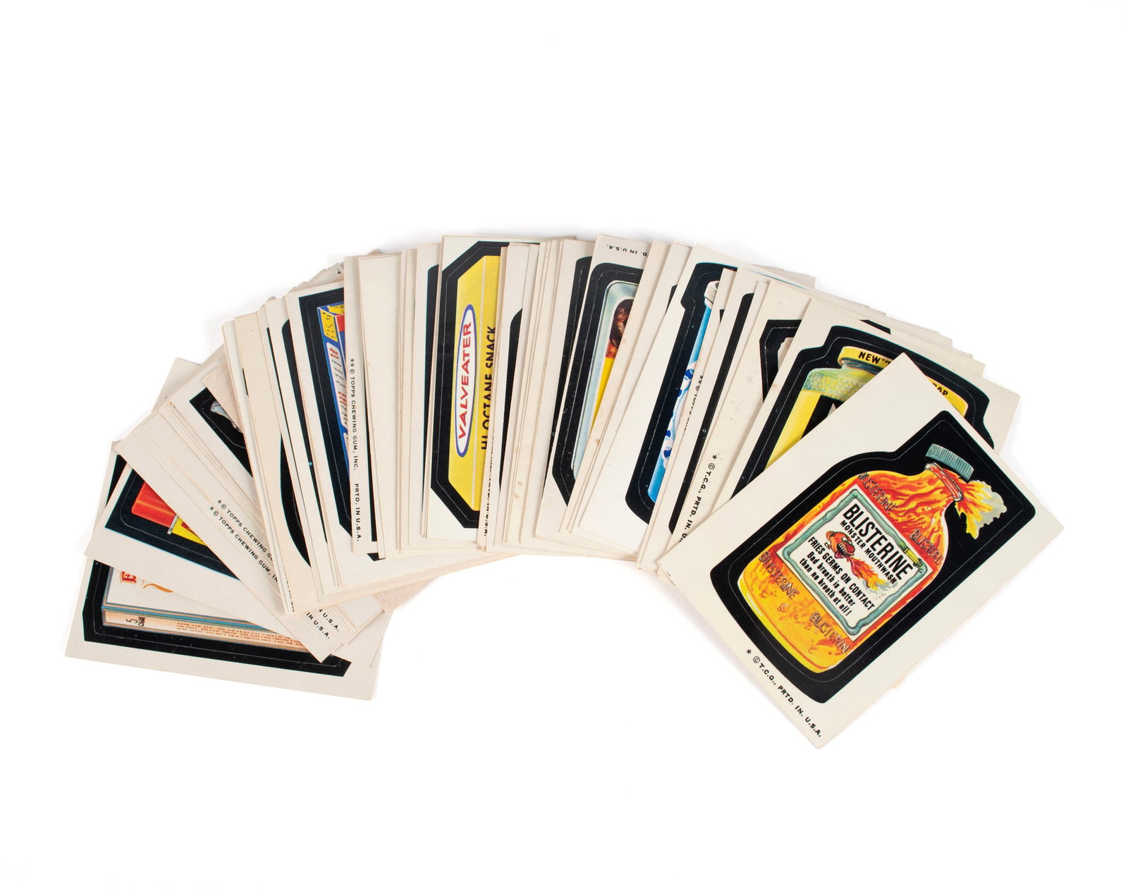 TOPPS WACKY PACKAGES COLLECTION OF STICKERS: TOPPS WACKY PACKAGES COLLECTION OF STICKERSAmerican, 1973-1976, fifty-four stickers. Includes Play-Dumb, Blisterine, FootsiRoll, Raggedy Ant, Jerkens, Peter Pain, Fishey-Prize Toys and many others.3 1