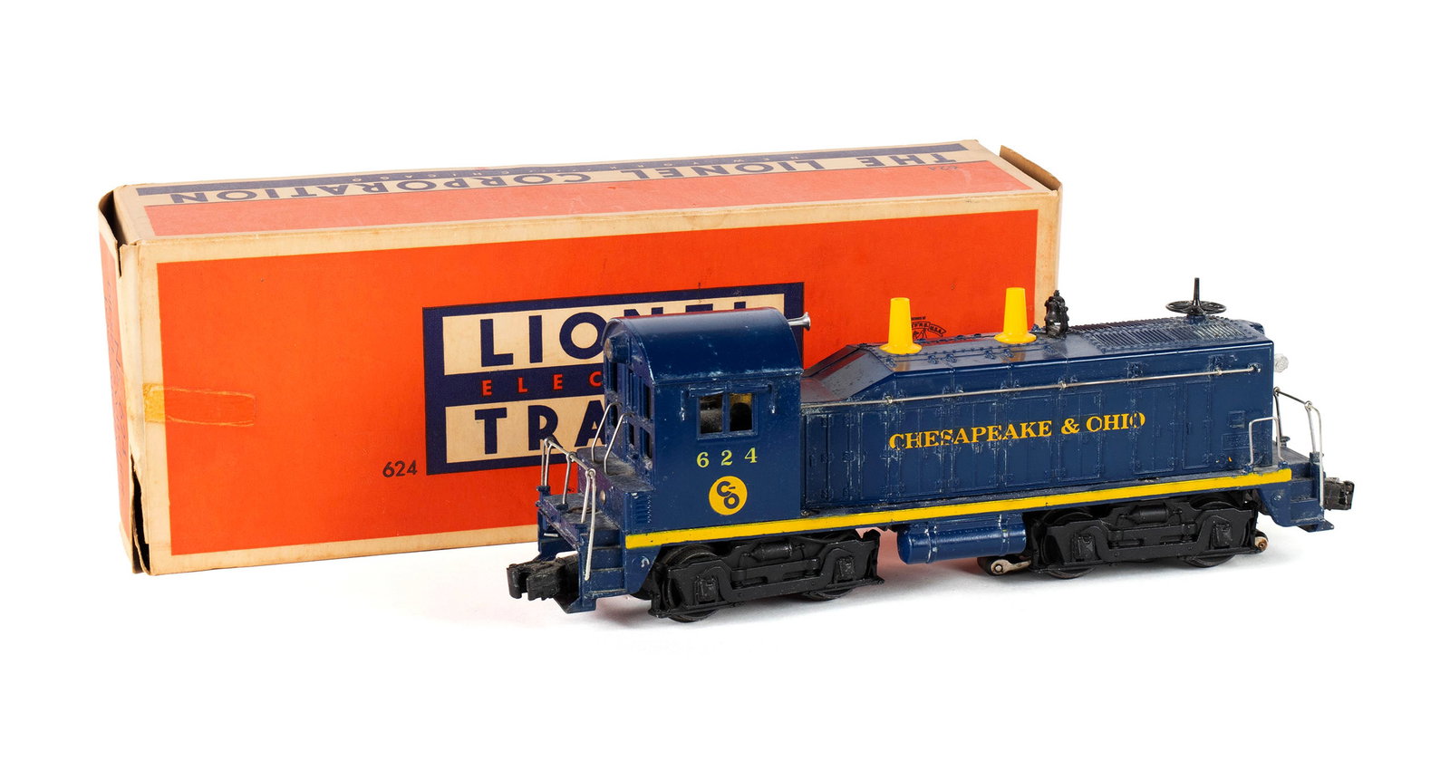 LIONEL TRAIN #624 CHESAPEAKE & OHIO SWITCHER: LIONEL TRAIN #624 CHESAPEAKE & OHIO SWITCHERAmerican, circa 1953, with original box. Blue with yellow highlights.3 1/2 x 3 x 11 in. (8.9 x 7.6 x 27.9 cm.)