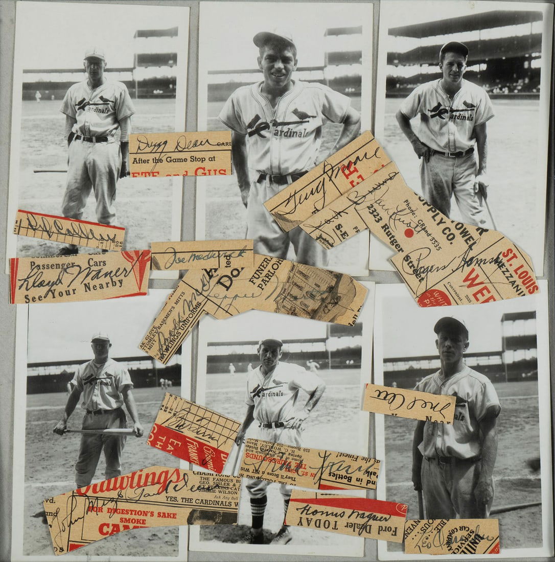 COLLECTION OF MAJOR LEAGUE BASEBALL CUT SIGNATURES: COLLECTION OF MAJOR LEAGUE BASEBALL CUT SIGNATURESCollected under glass with six period photographs of St. Louis Baseball Cardinal players. Signatures floating in the frame were collected on assorted