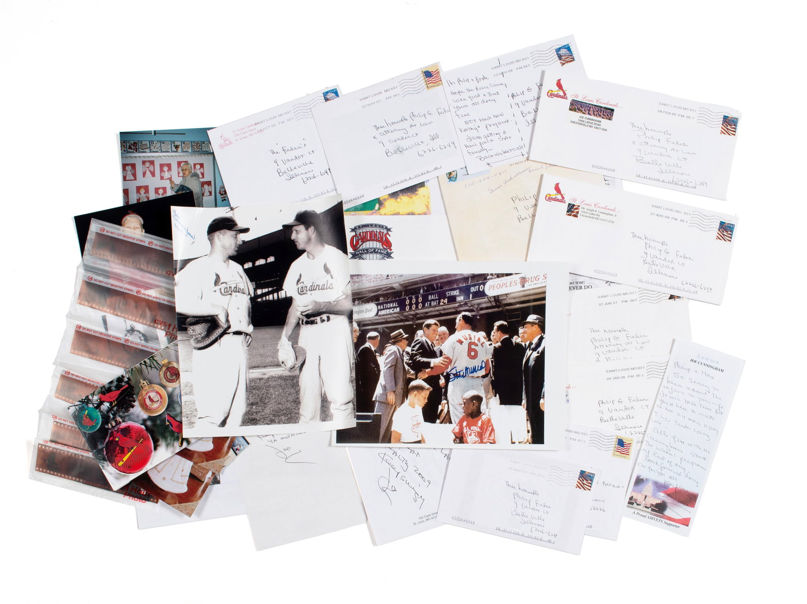 EPHEMERA COLLECTION OF ST. LOUIS BASEBALL CARDINAL JOE CUNNINGHAM AND STAN MUSIAL: EPHEMERA COLLECTION OF ST. LOUIS BASEBALL CARDINAL JOE CUNNINGHAM AND STAN MUSIALIncludes an 8" x 10" photograph of Cunningham and Stan Musial, signed by Cunningham and dated 1954, as well as an 8" x