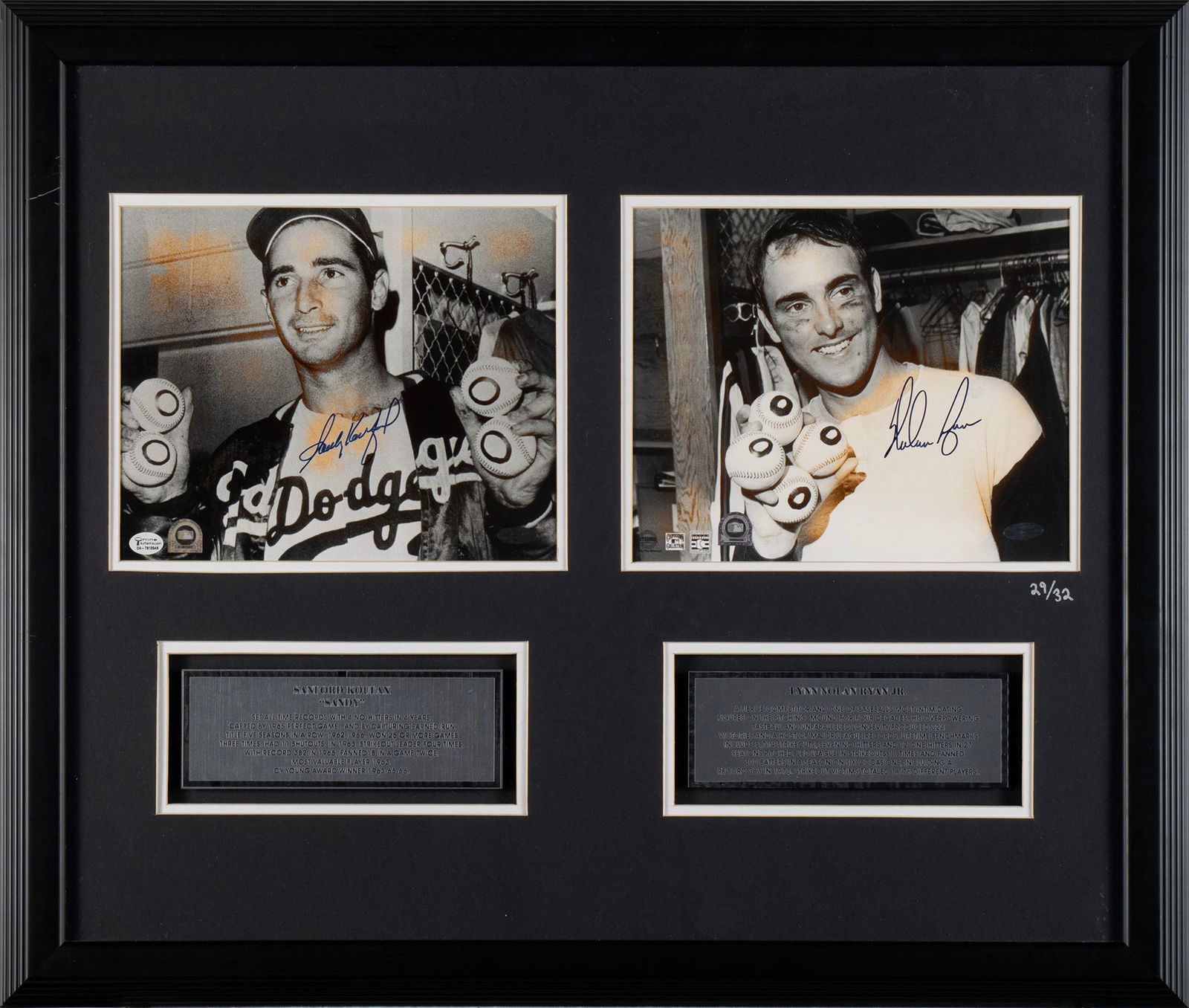 HALL OF FAMERS SANDY KOUFAX AND NOLAN RYAN SIGNED PHOTOGRAPHS FOR HISTORICAL NO HITTERS: HALL OF FAMERS SANDY KOUFAX AND NOLAN RYAN SIGNED PHOTOGRAPHS FOR HISTORICAL NO HITTERSLimited edition 29/32, both 8" x 10" photographs with MLB and Steiner authentication stickers. The photographs sh