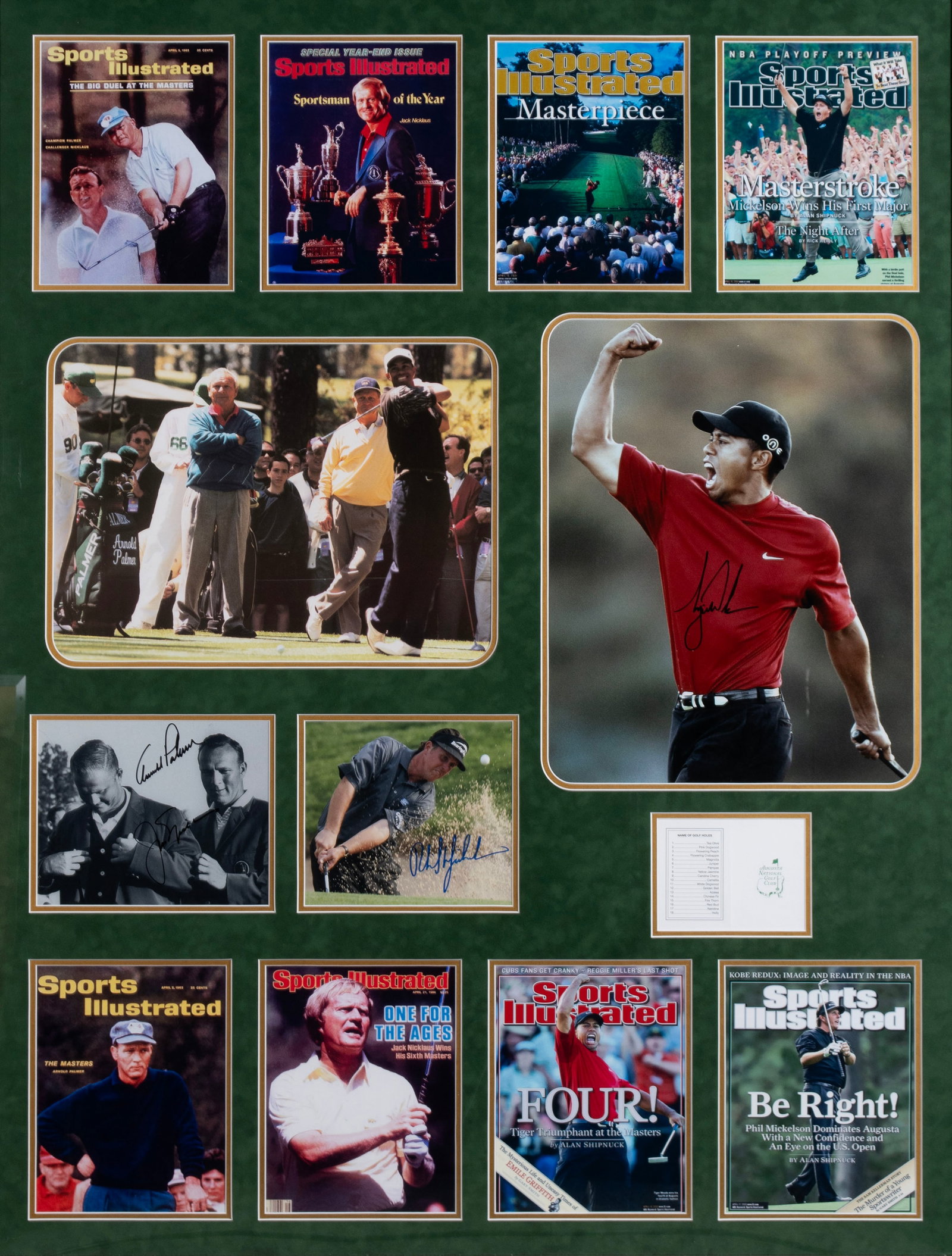 FRAMED COLLAGE OF GOLF PHOTOGRAPHS & EPHEMERA WITH LEGENDARY AUTOGRAPHS: FRAMED COLLAGE OF GOLF PHOTOGRAPHS & EPHEMERA WITH LEGENDARY AUTOGRAPHSSignatures on three photographs include Jack Nicklaus and Arnold Palmer on a black & white photograph of the two, Tiger Woods on