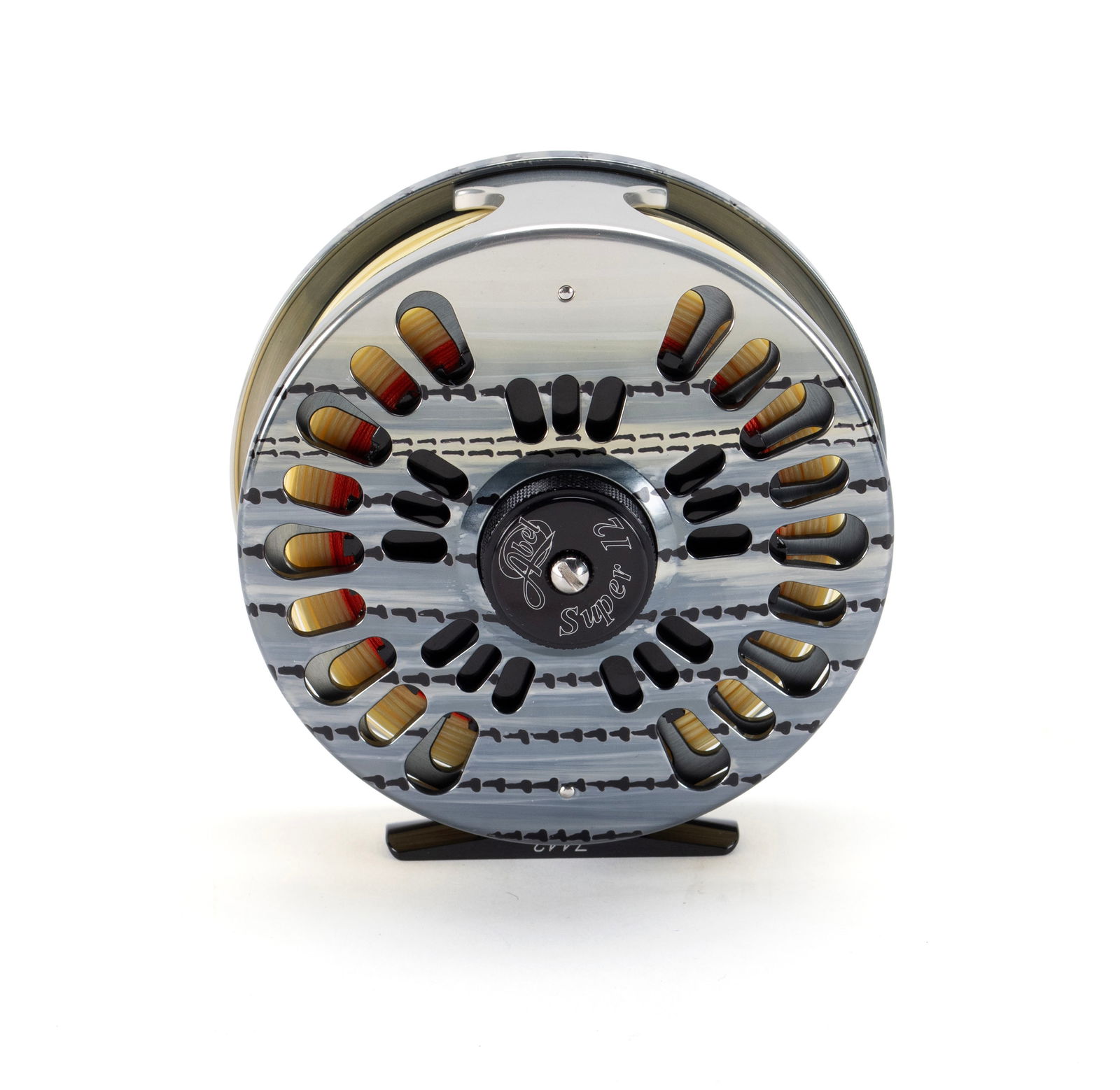 ABEL SUPER 12 FLY FISHING REEL: ABEL SUPER 12 FLY FISHING REELAmerican, # 7442, hand painted on aluminum with black on grey design.Diameter: 4.40 in. (11.2 cm.)