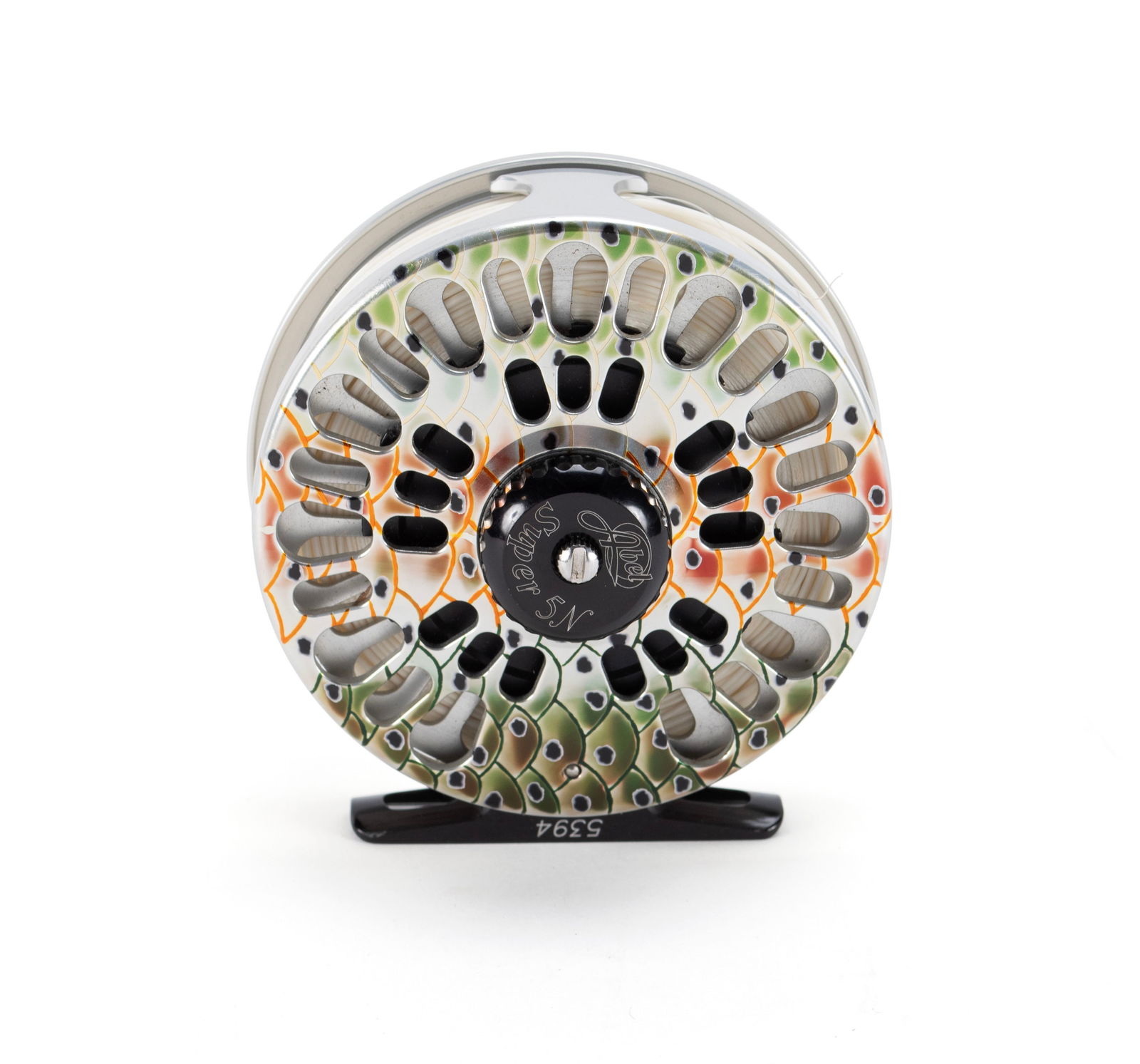ABEL SUPER 5N FLY FISHING REEL: ABEL SUPER 5N FLY FISHING REELAmerican, # 5394, hand painted on aluminum with fish scale decoration.Diameter: 3 1/2 in. (8.9 cm.)