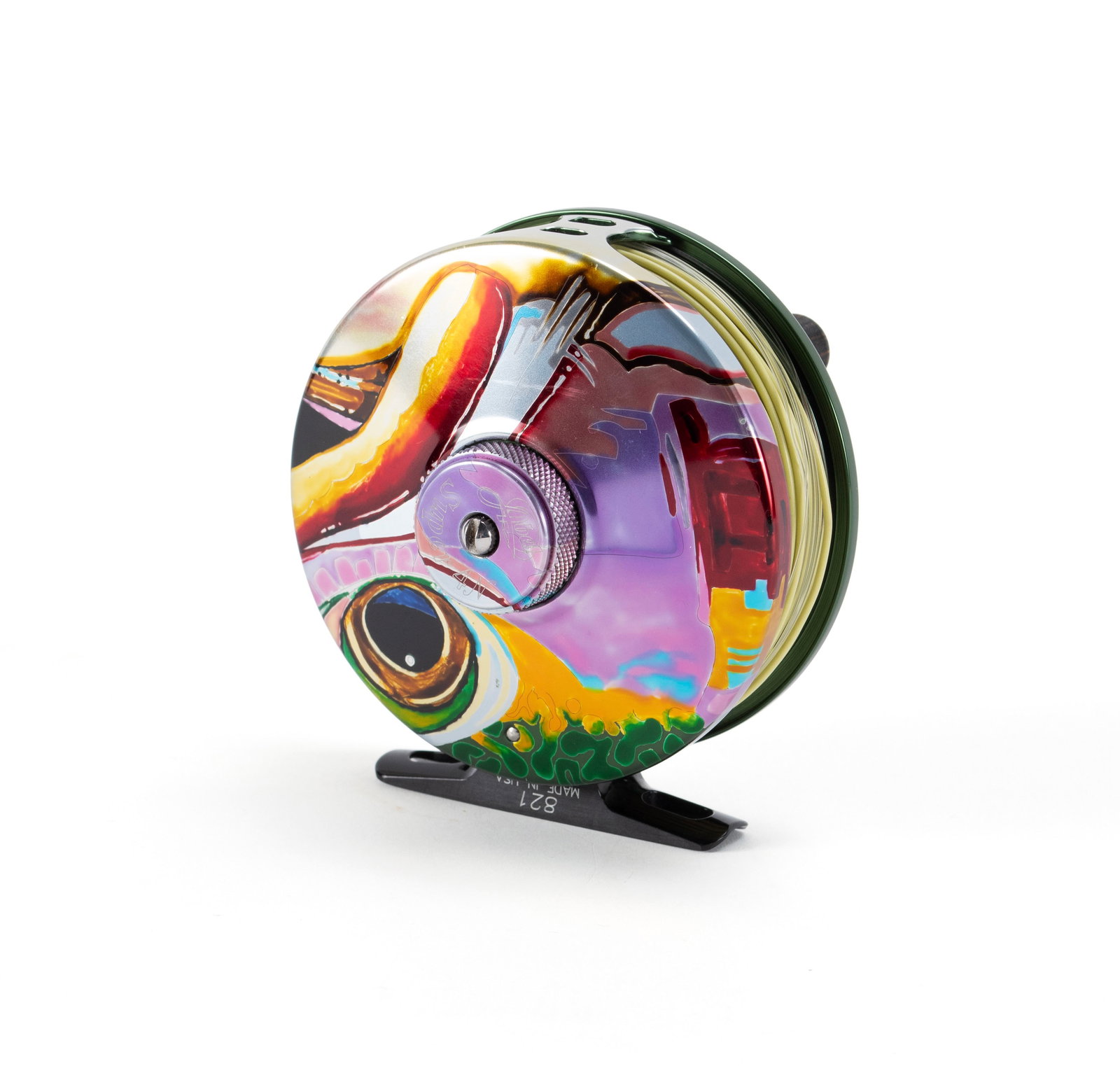 ABEL SUPER 4N FLY FISHING REEL: ABEL SUPER 4N FLY FISHING REELAmerican, # 821, hand painted on aluminum with colorful fish face decoration.Diameter: 3 1/4 in. (8.3 cm.)