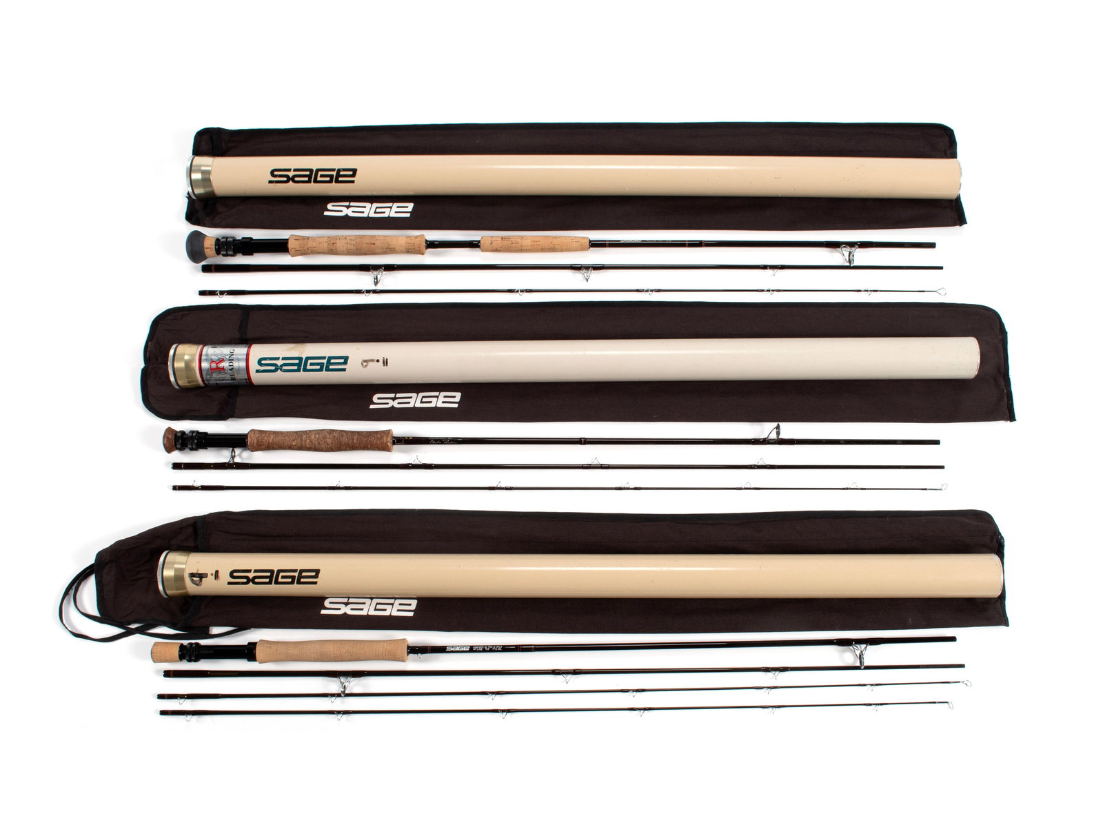 THREE SAGE FLY RODS: THREE SAGE FLY RODSOne "Custom 'Sage' Graphite" customized by Charlie Reading 12-18-94, 990 RPLX, in three parts, #9 line, 9'. Another is 990-3 RPLX, in three parts with a fourth being an extra tip, #