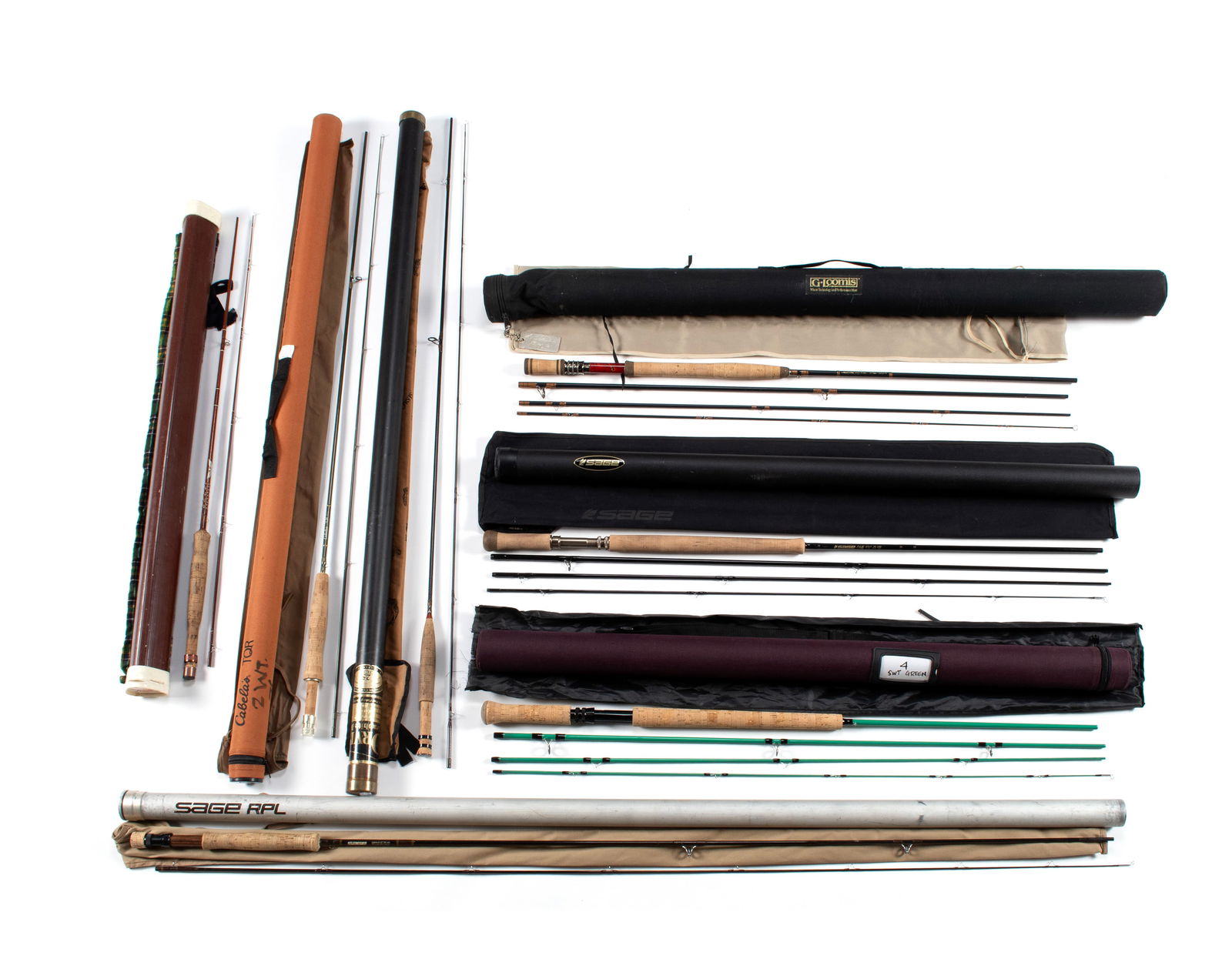 GROUP OF SEVEN FLY FISHING RODS: GROUP OF SEVEN FLY FISHING RODS Includes a Sage Graphite III 790 RPL, in two parts, #7 line, 9' 0", 3 1/8 oz. A Sage ONE 6116-4, in four parts, #6 line, 11' 6", 5 1/4 oz. A Fenwick FF535 in two