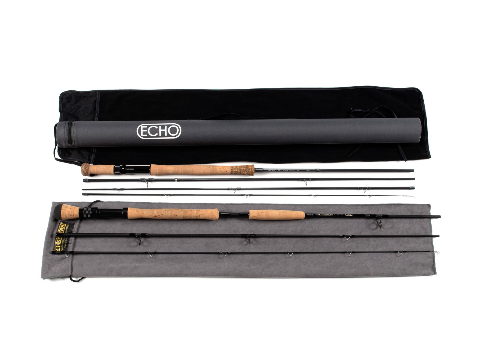 TWO FLY RODS: TWO FLY RODSG-Loomis GL3, FR108, in three parts, #12/13 line, 9', with original cloth bag only. And an Echo SR 3106-4, in four parts, #3 line, 10' 6", in hard Echo cylindrical canvas case.