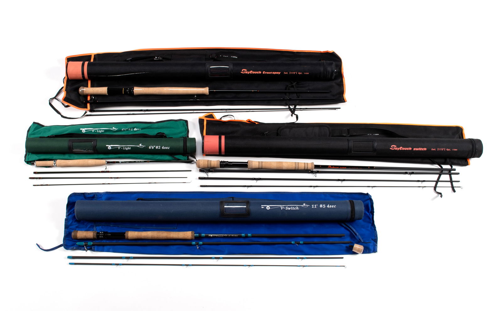 FOUR FLY FISHING RODS: FOUR FLY FISHING RODSSkytouch Switch 11064, in four parts, #6, 11' 0". Skytouch Trout Spey 11034, in four parts, #3, 11' 0". A V-Switch in four parts, #5, 11' 0". And a V-Light in four parts, #2, 6' 6