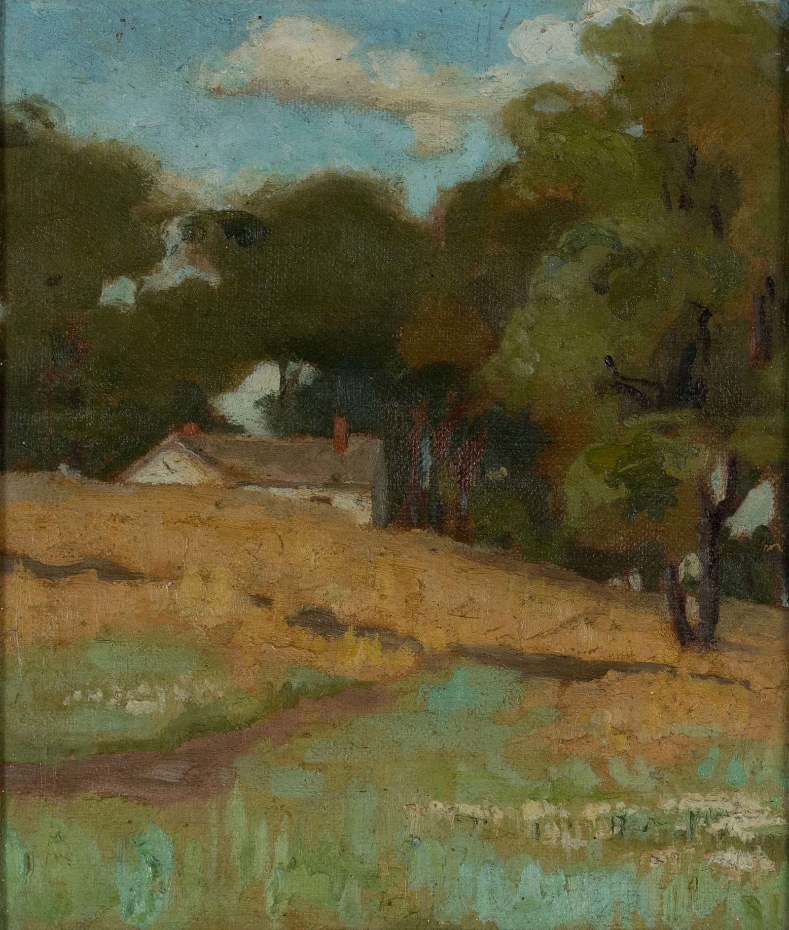 ATTRIBUTED TO IRMA KOEN (AMERICAN, 1883-1975): ATTRIBUTED TO IRMA KOEN (AMERICAN, 1883-1975) Oil on canvas, unsigned, possibly trimmed. Country landscape, framed under glass. Attributed to 'Miss Erma Kohn, Rock Island, Ill.' on back of frame. 11